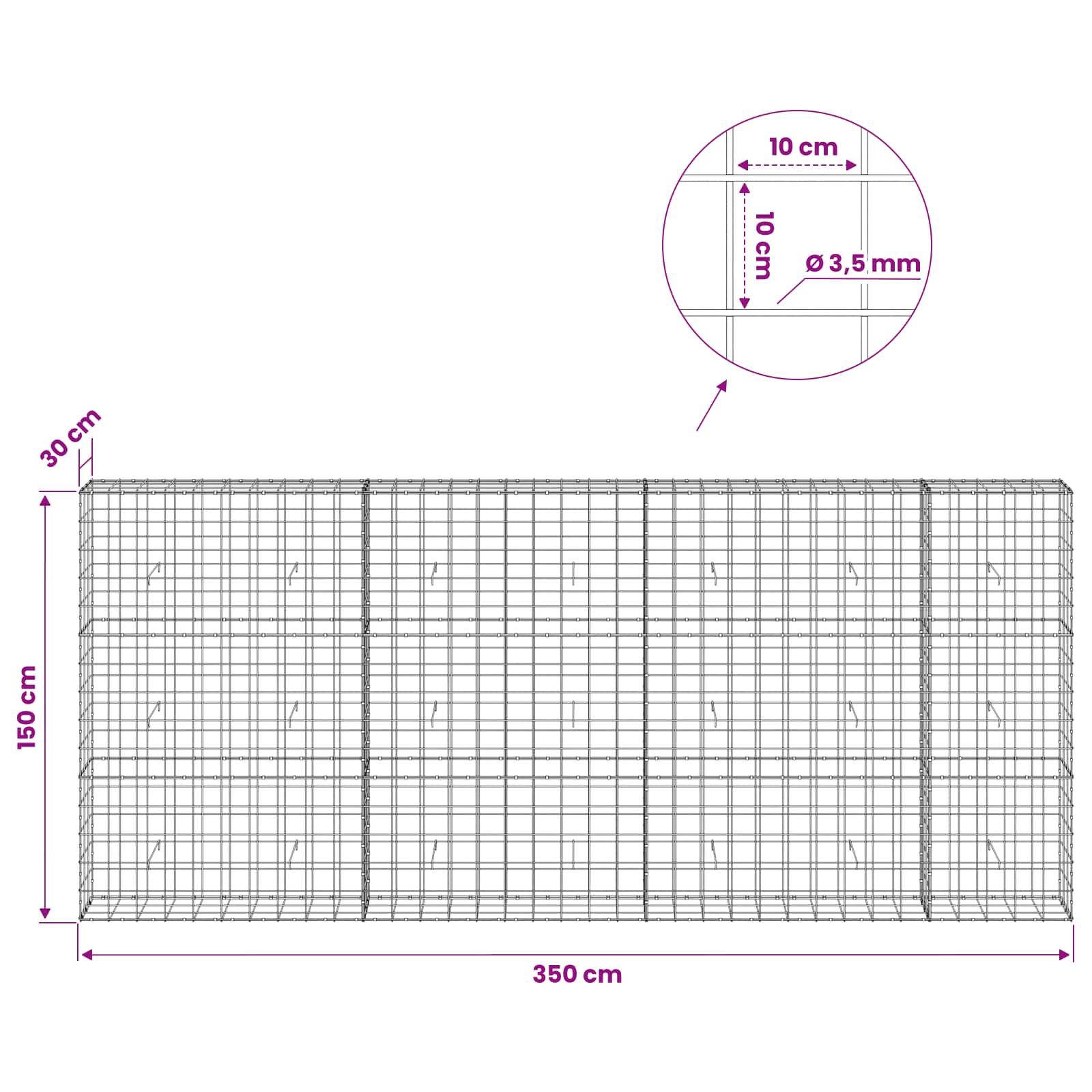 Gabion z žico 3,5 mm in mrežo 10x10 cm 350x30x150 cm