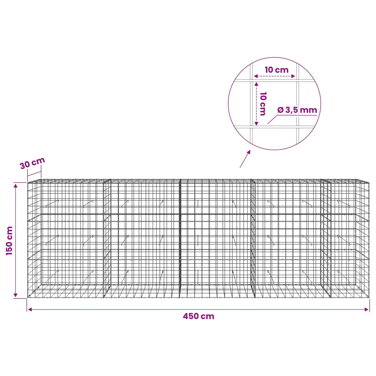Gabion z žico 3,5 mm in mrežo 10x10 cm 450x30x150 cm
