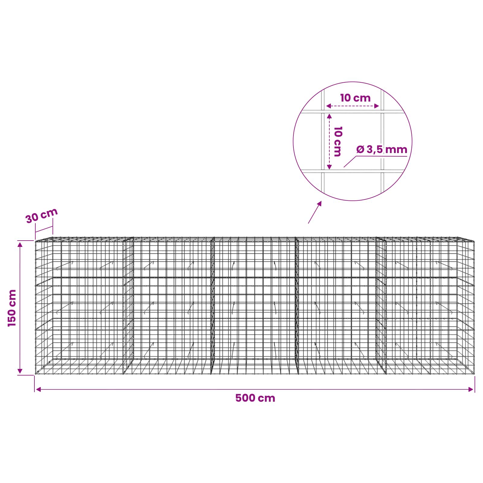 Gabion z žico 3,5 mm in mrežo 10x10 cm 500x30x150 cm