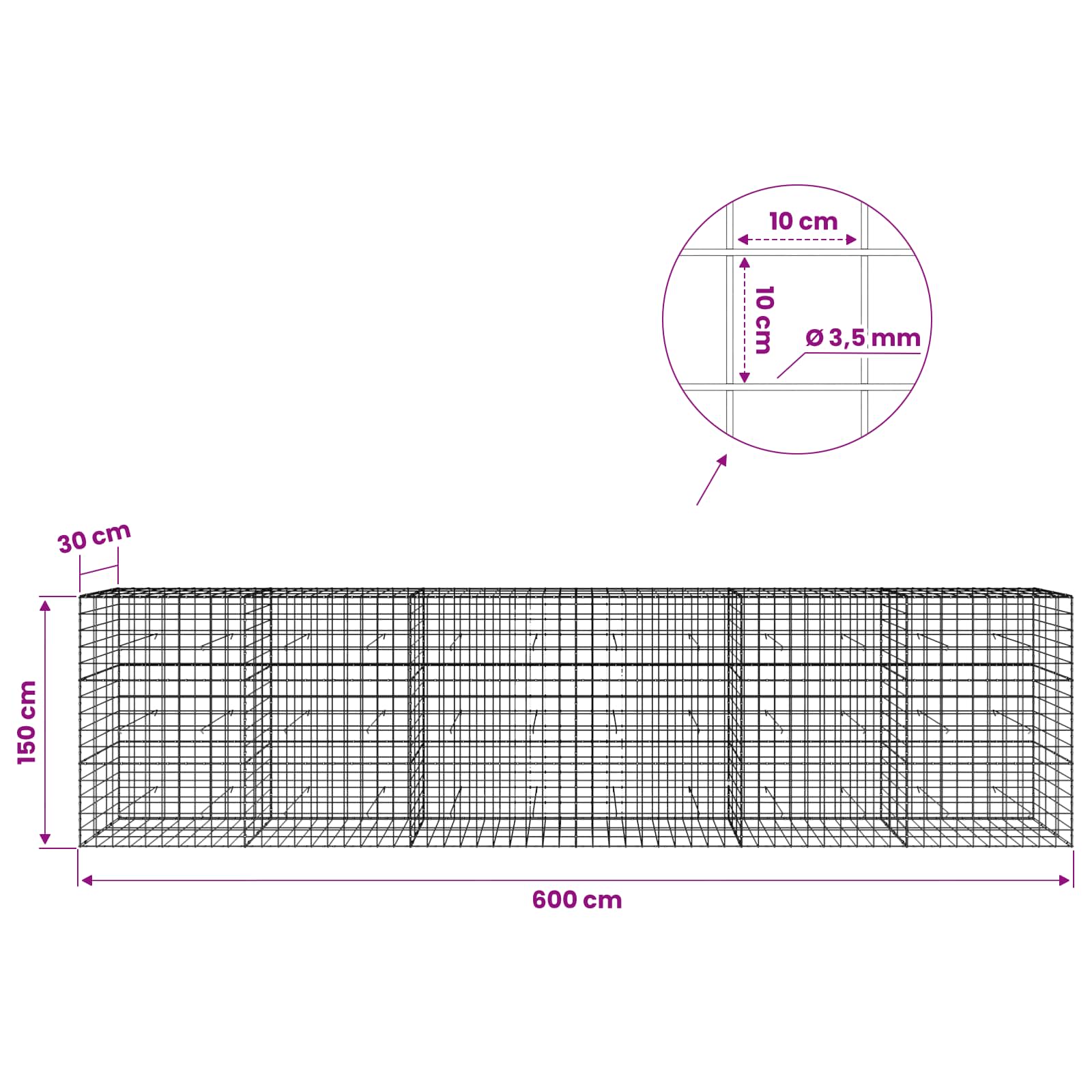 Gabion z žico 3,5 mm in mrežo 10x10 cm 600x30x150 cm