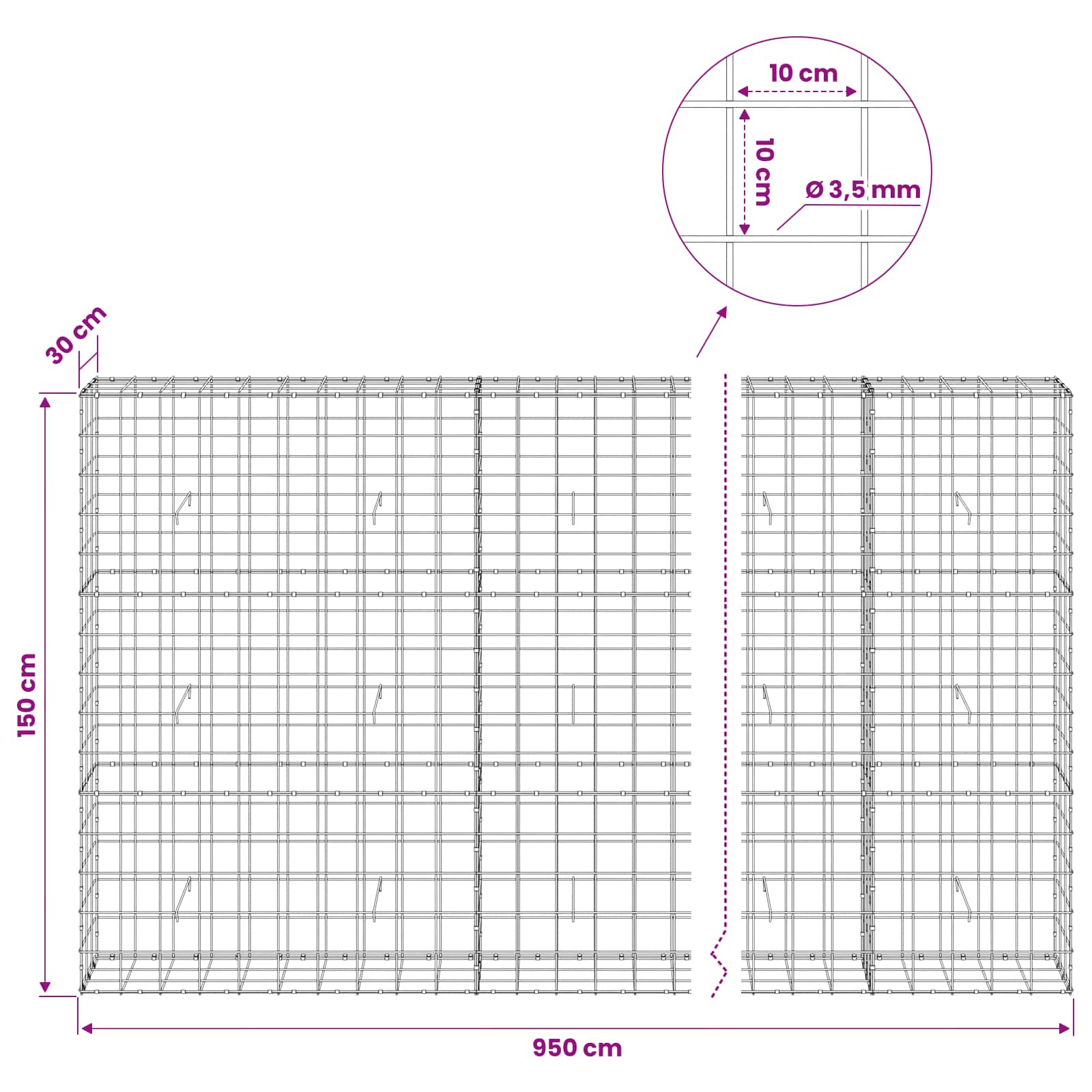 Gabion z žico 3,5 mm in mrežo 10x10 cm 950x30x150 cm