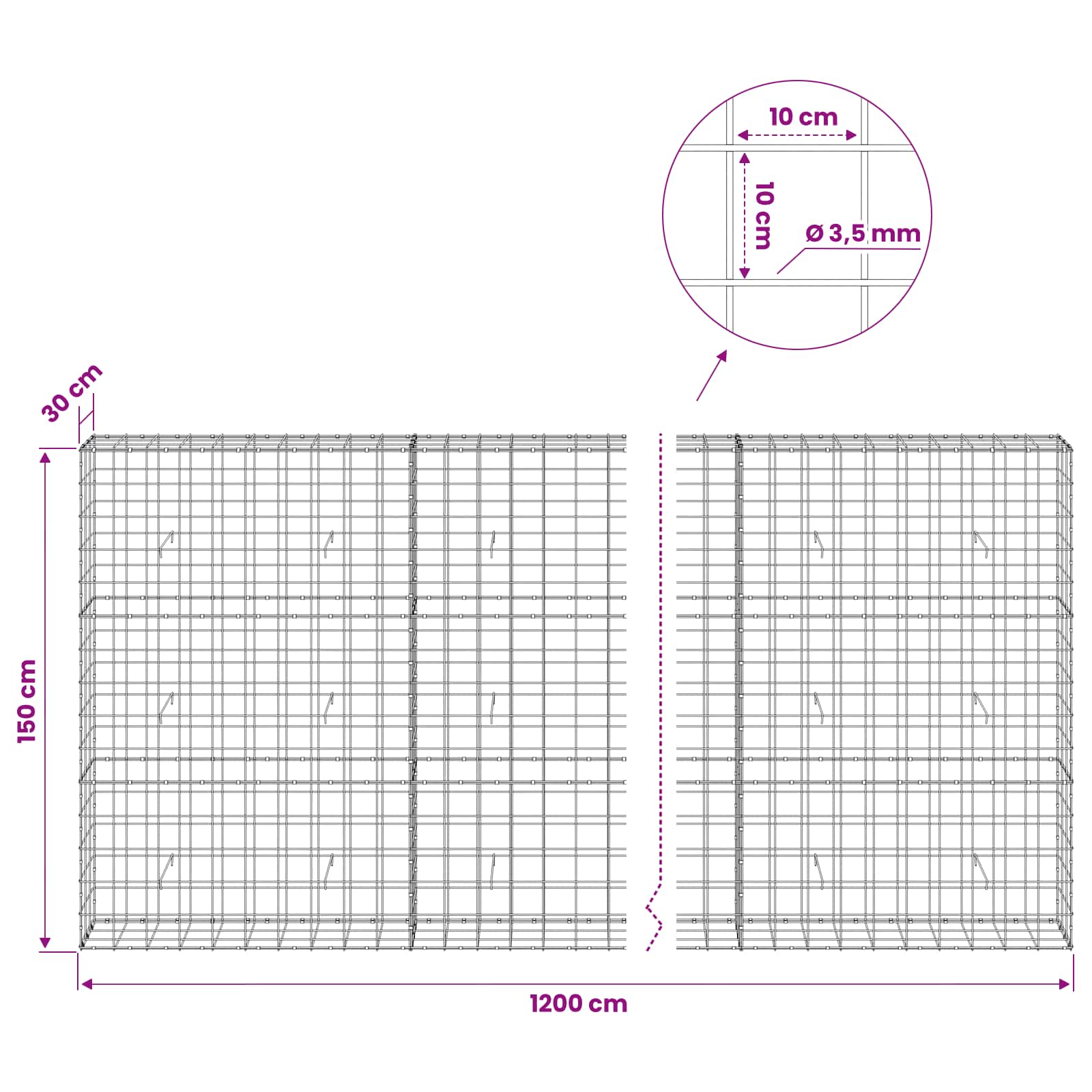 Gabion z žico 3,5 mm in mrežo 10x10 cm 1200x30x150 cm