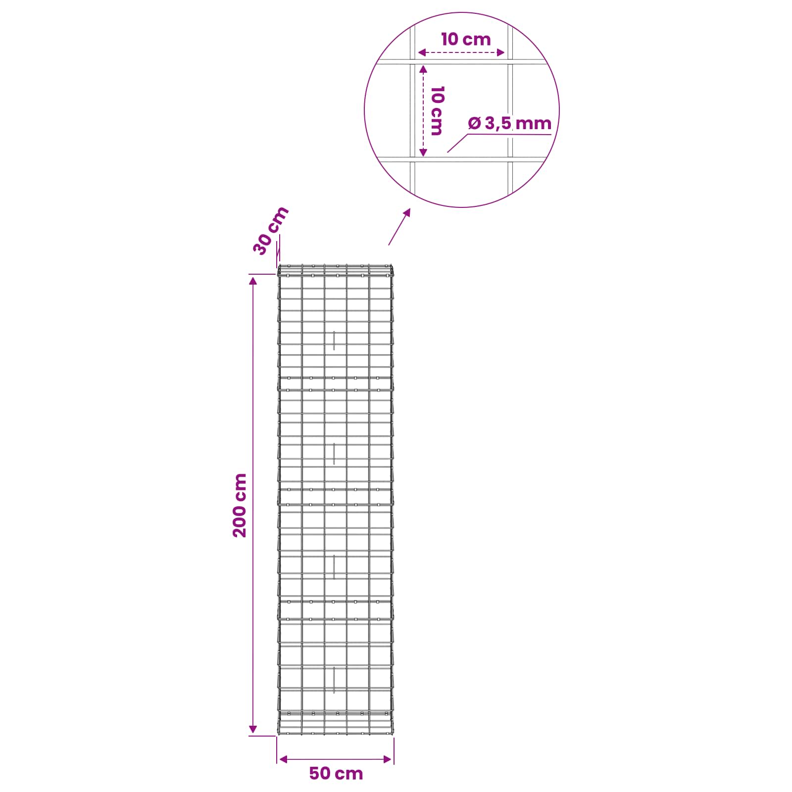 Gabion z žico 3,5 mm in mrežo 10x10 cm 50x30x200 cm