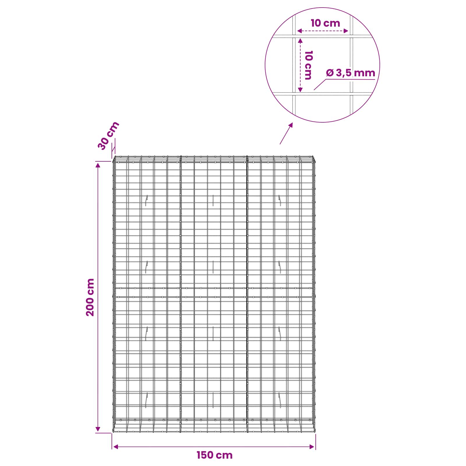 Gabion z žico 3,5 mm in mrežo 10x10 cm 150x30x200 cm
