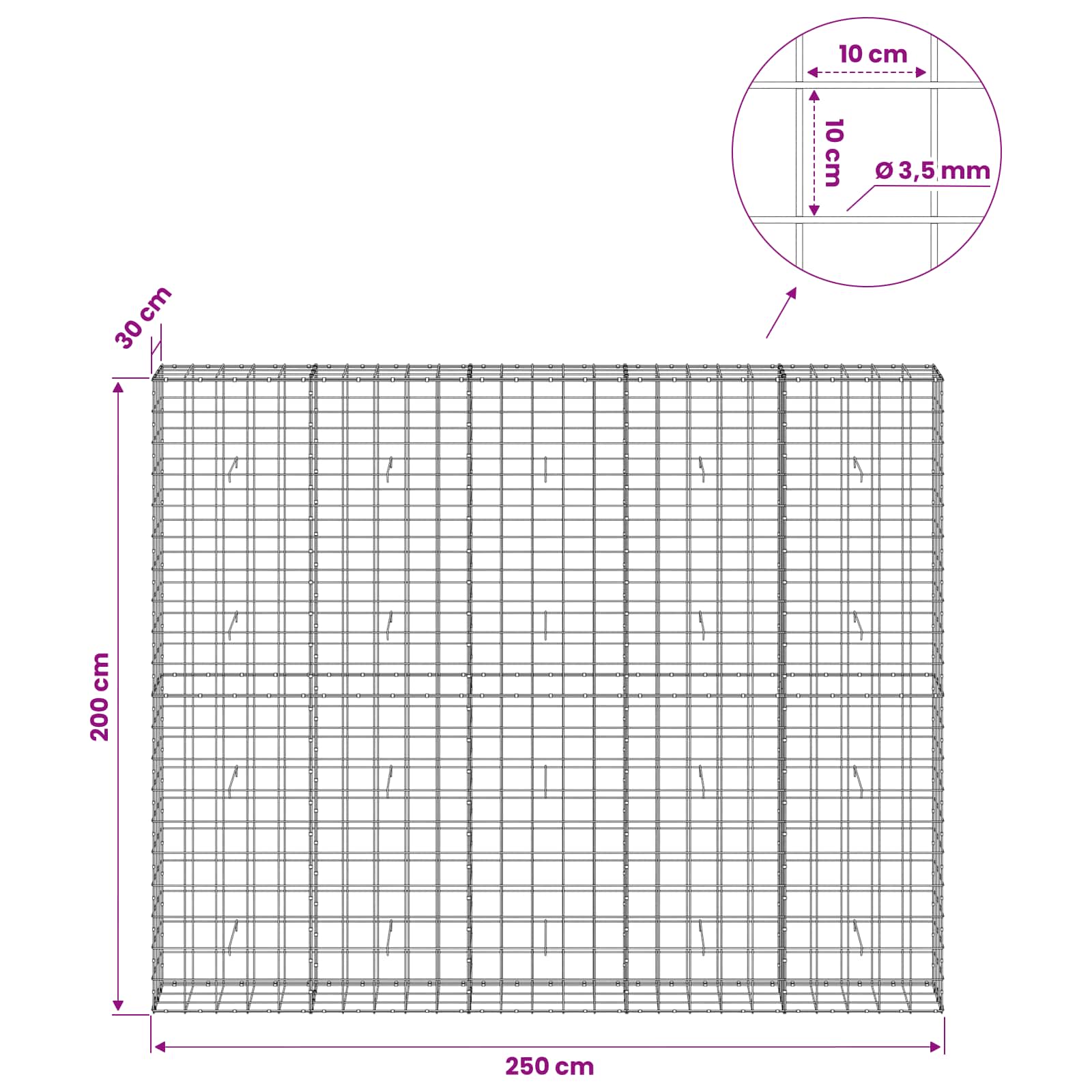 Gabion z žico 3,5 mm in mrežo 10x10 cm 250x30x200 cm