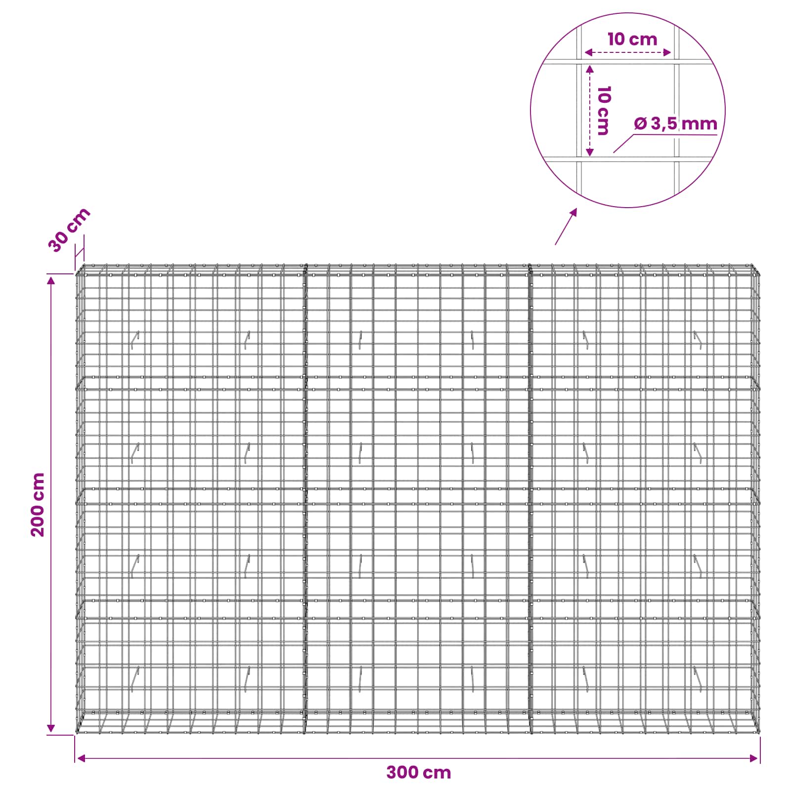 Gabion z žico 3,5 mm in mrežo 10x10 cm 300x30x200 cm