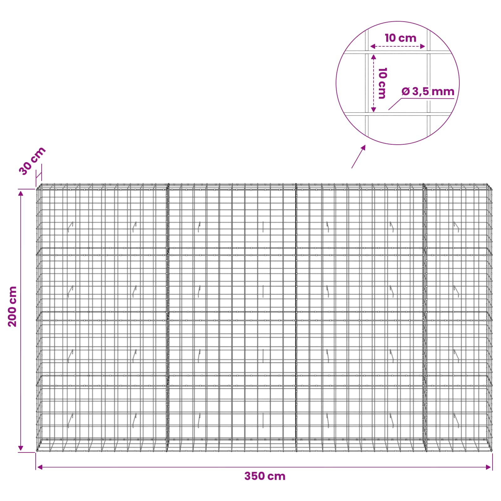 Gabion z žico 3,5 mm in mrežo 10x10 cm 350x30x200 cm