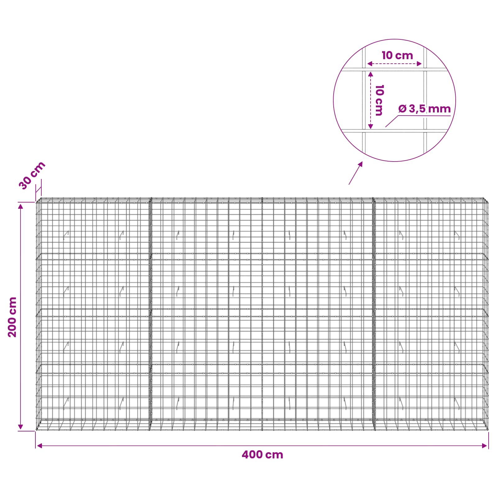 Gabion z žico 3,5 mm in mrežo 10x10 cm 400x30x200 cm
