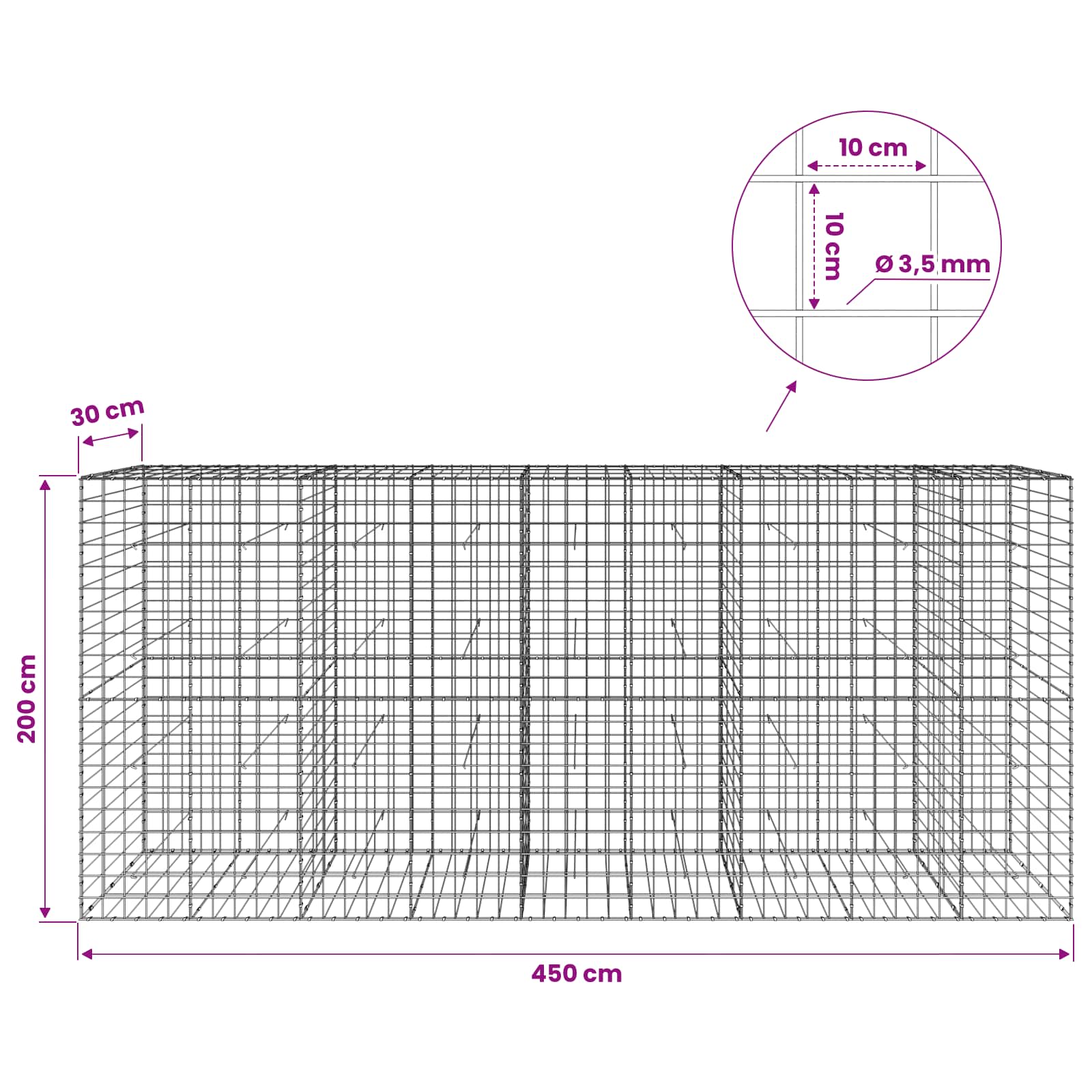 Gabion z žico 3,5 mm in mrežo 10x10 cm 450x30x200 cm