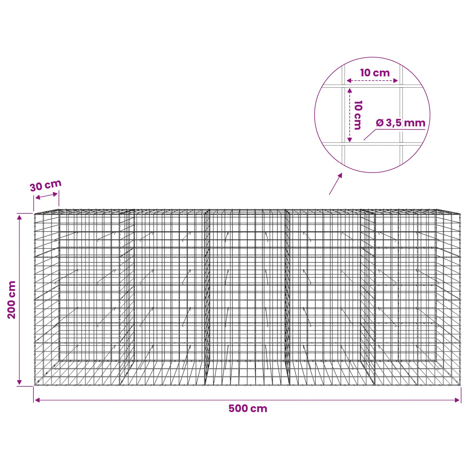 Gabion z žico 3,5 mm in mrežo 10x10 cm 500x30x200 cm