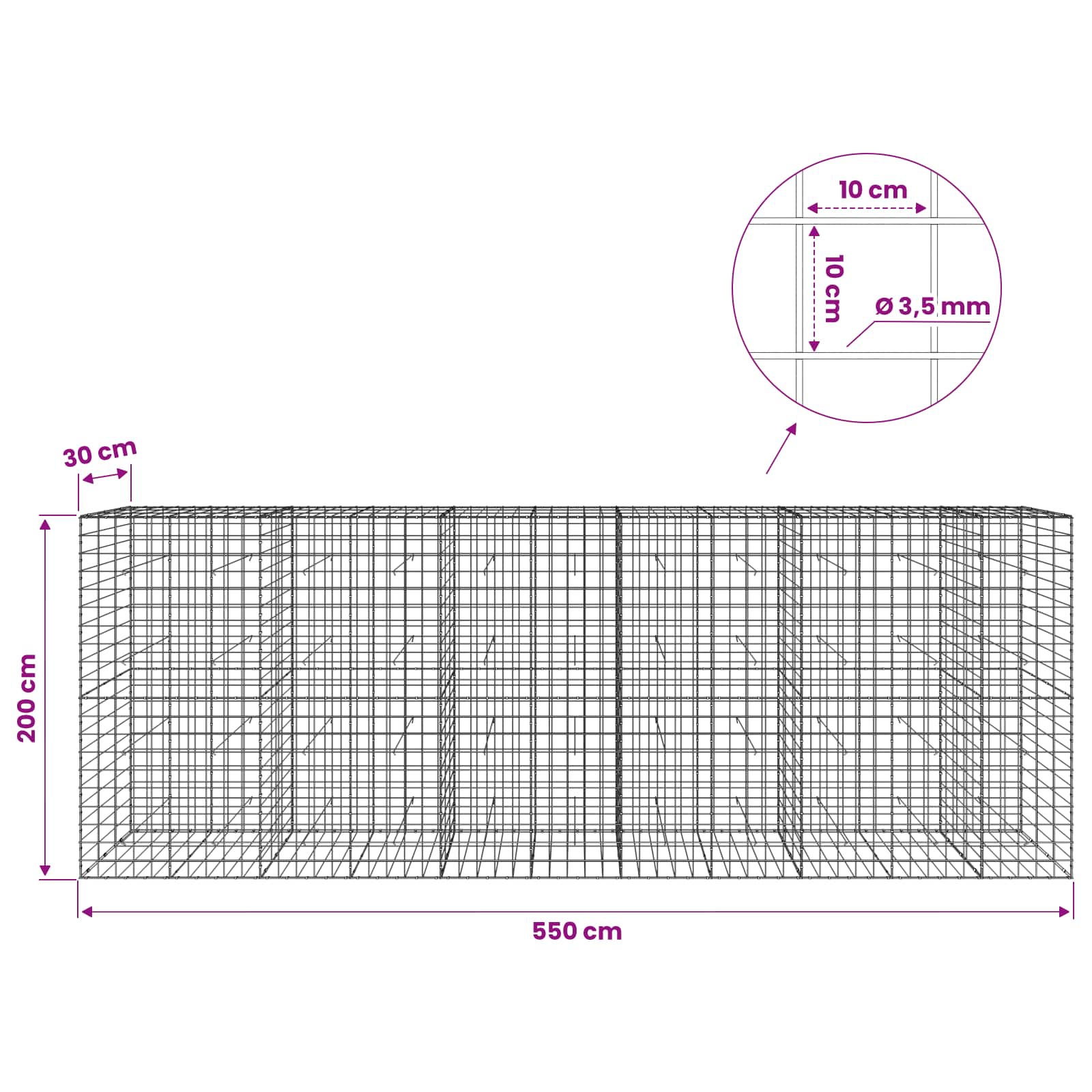 Gabion z žico 3,5 mm in mrežo 10x10 cm 550x30x200 cm