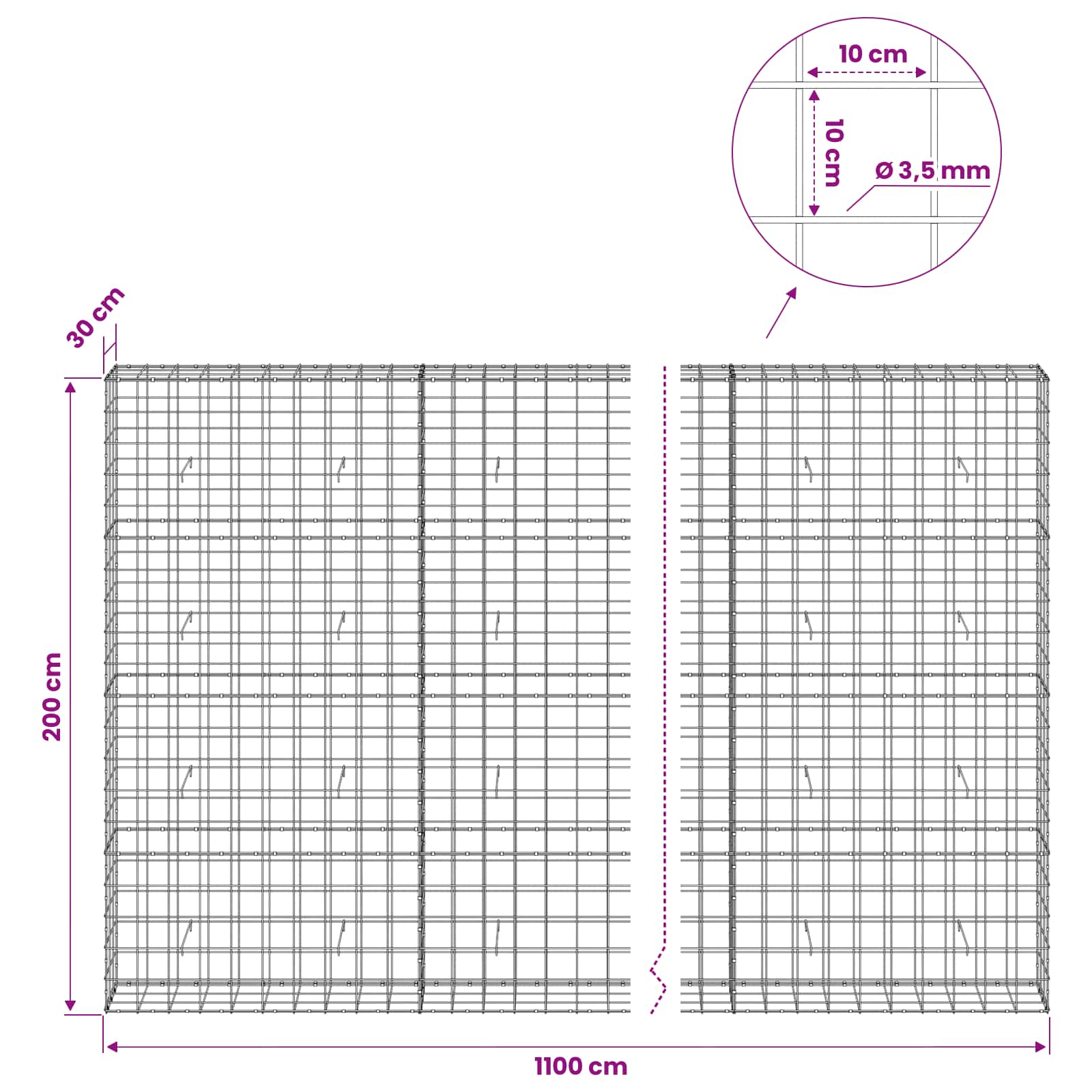 Gabion z žico 3,5 mm in mrežo 10x10 cm 1100x30x200 cm