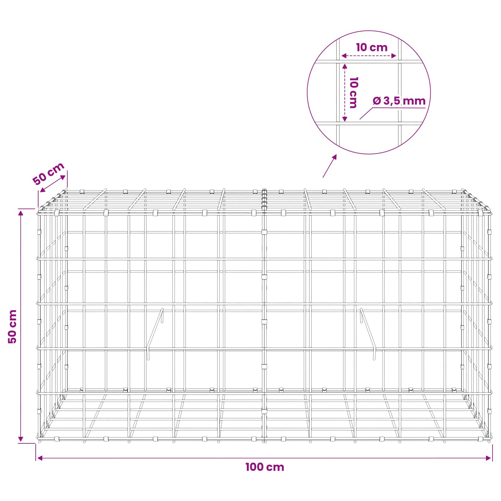 Gabion z žico 3,5 mm in mrežo 10x10 cm 100x50x50 cm