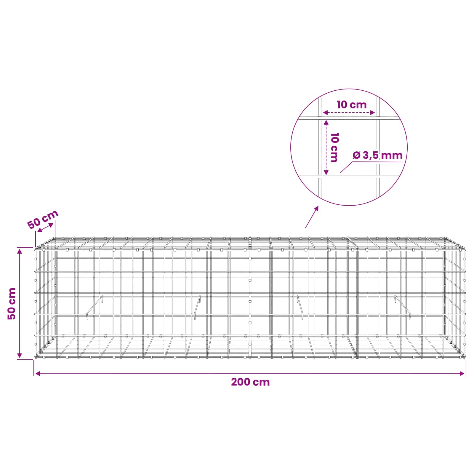 Gabion z žico 3,5 mm in mrežo 10x10 cm 200x50x50 cm