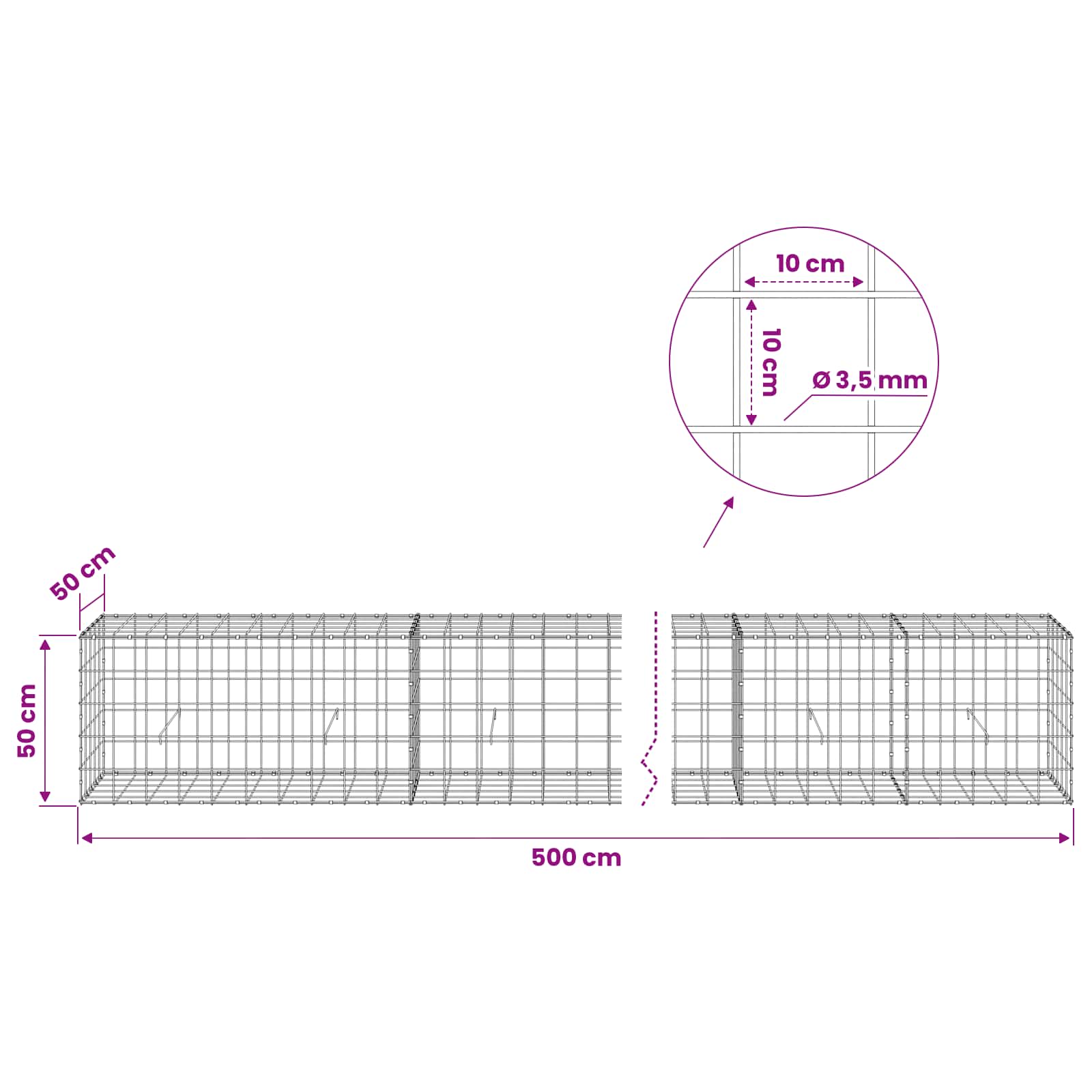 Gabion z žico 3,5 mm in mrežo 10x10 cm 500x50x50 cm