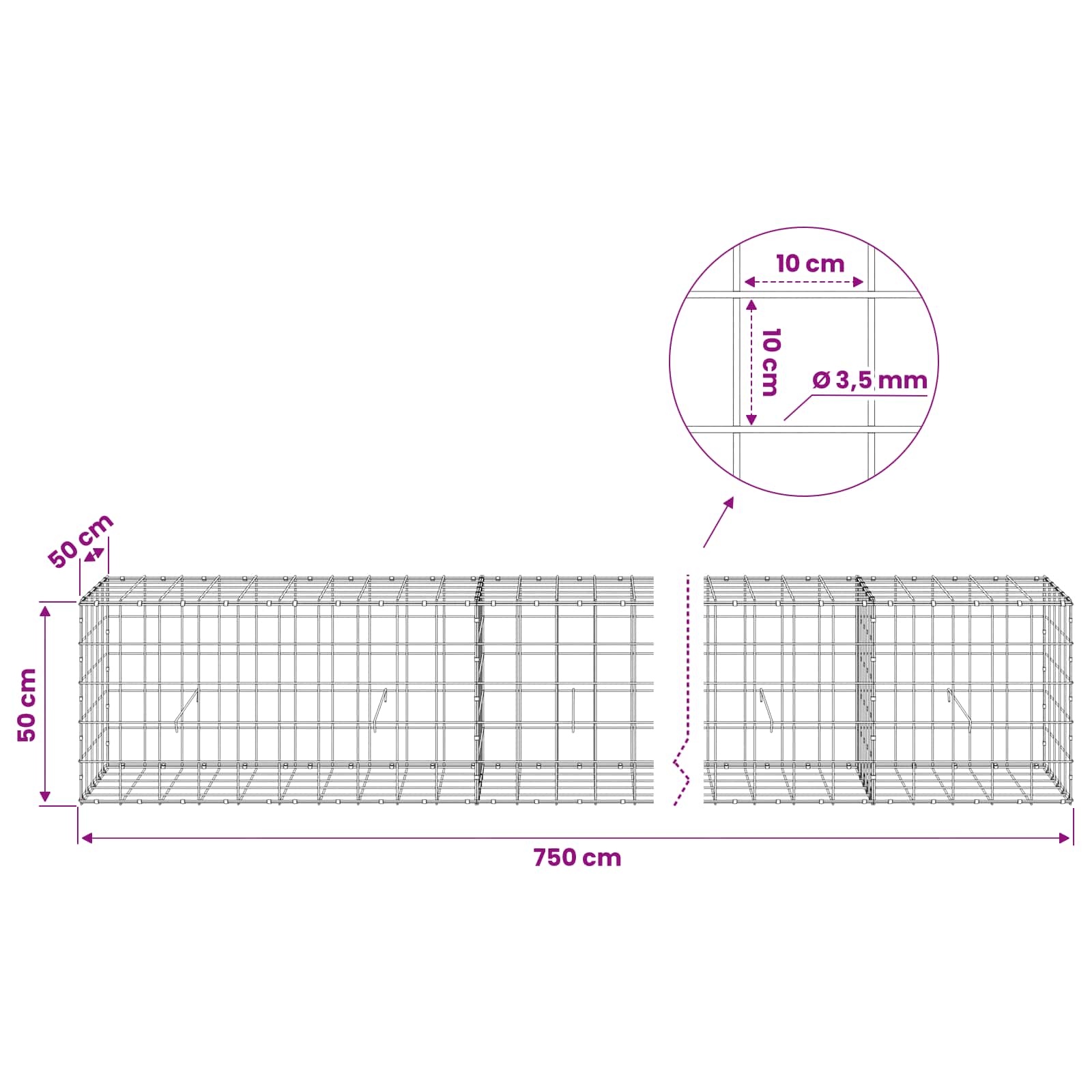 Gabion z žico 3,5 mm in mrežo 10x10 cm 750x50x50 cm