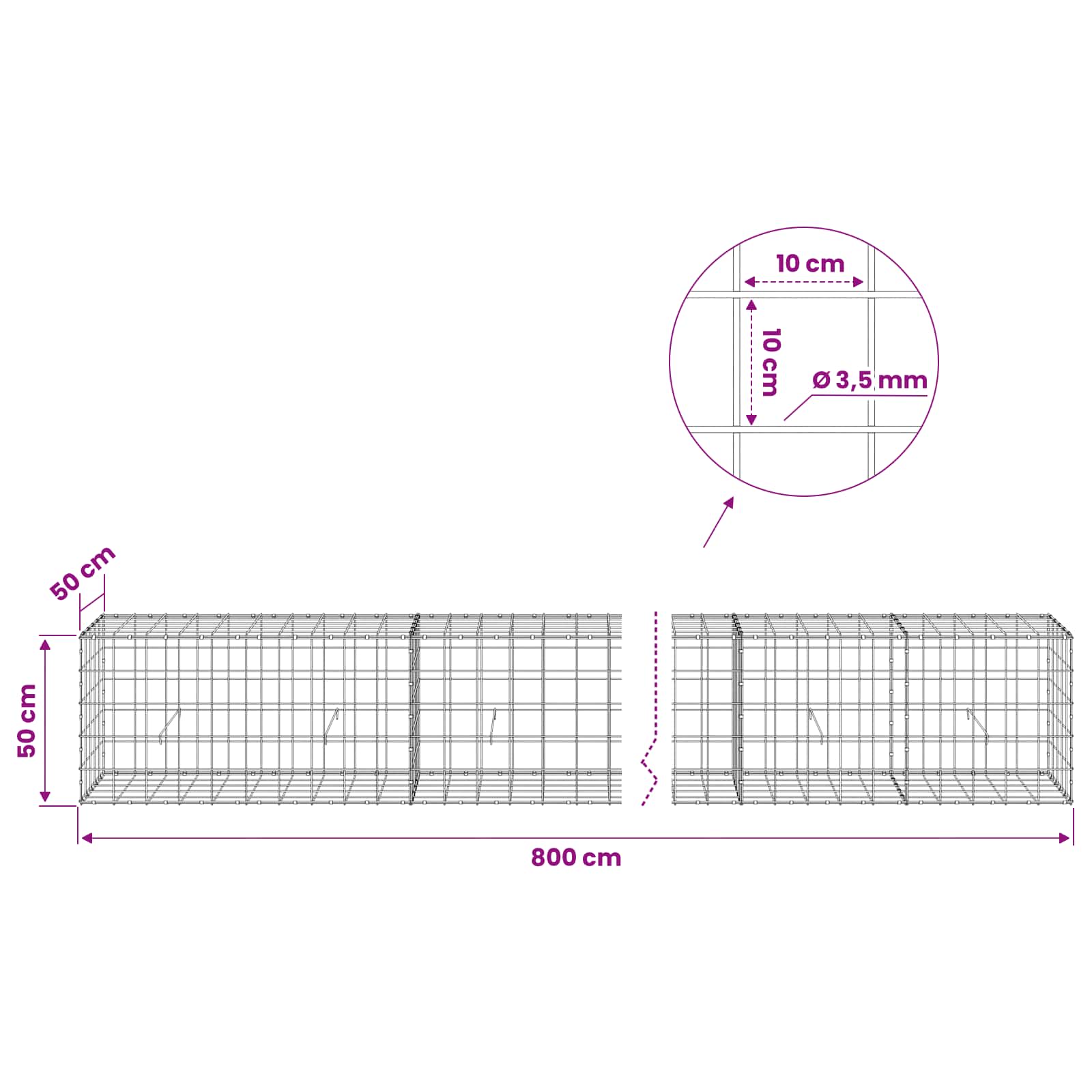 Gabion z žico 3,5 mm in mrežo 10x10 cm 800x50x50 cm