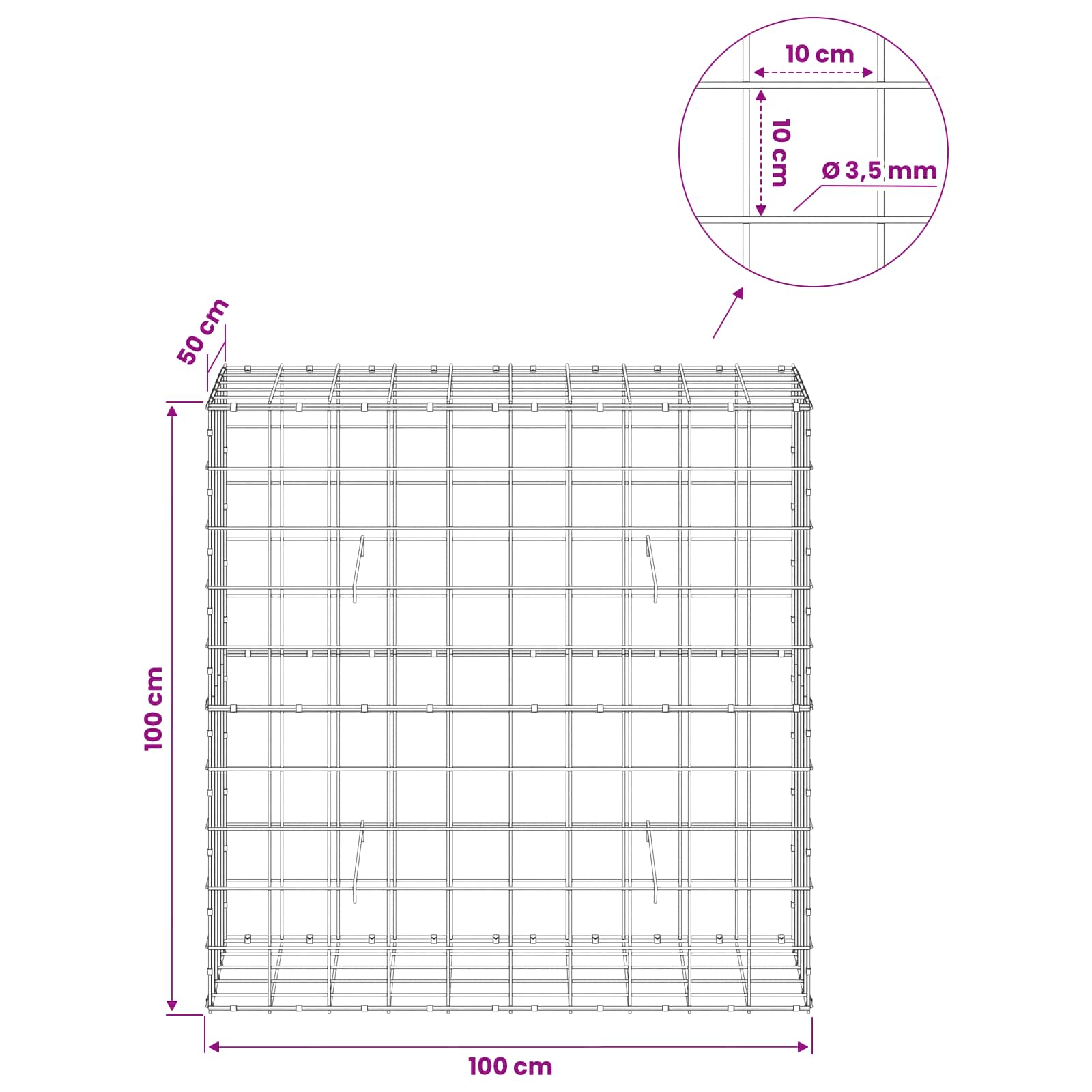 Gabion z žico 3,5 mm in mrežo 10x10 cm 100x50x100 cm
