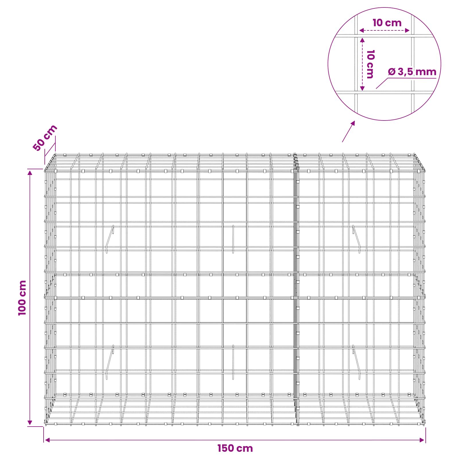 Gabion z žico 3,5 mm in mrežo 10x10 cm 150x50x100 cm
