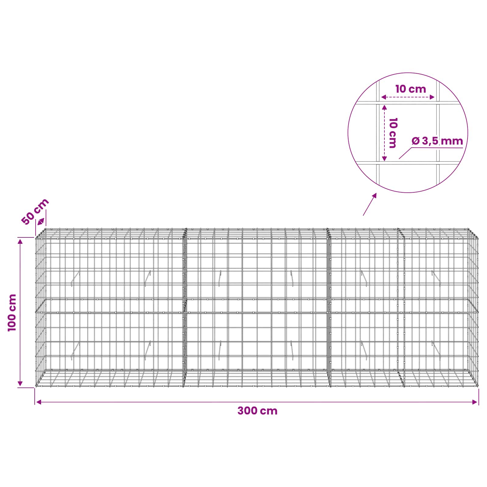 Gabion z žico 3,5 mm in mrežo 10x10 cm 300x50x100 cm