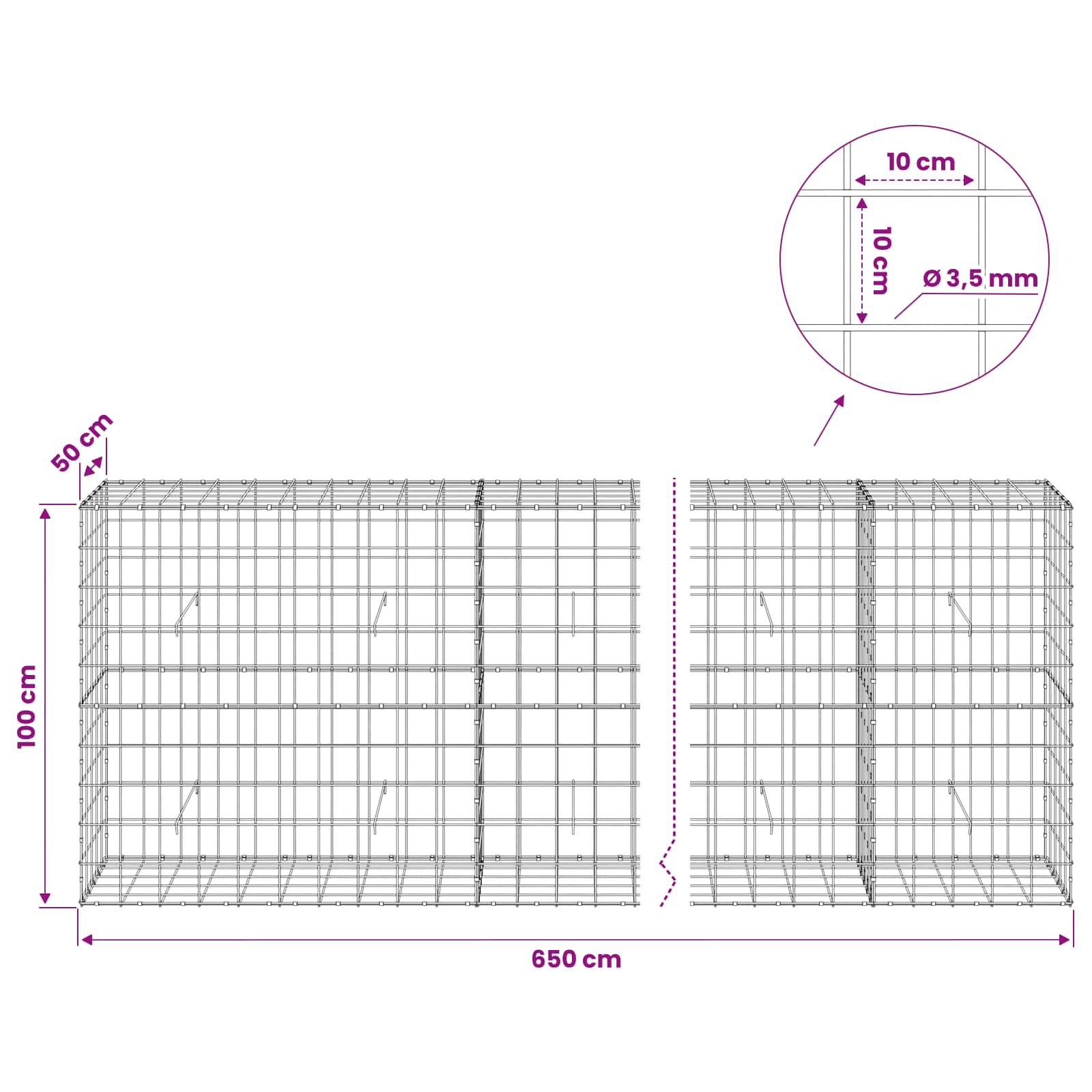 Gabion z žico 3,5 mm in mrežo 10x10 cm 650x50x100 cm