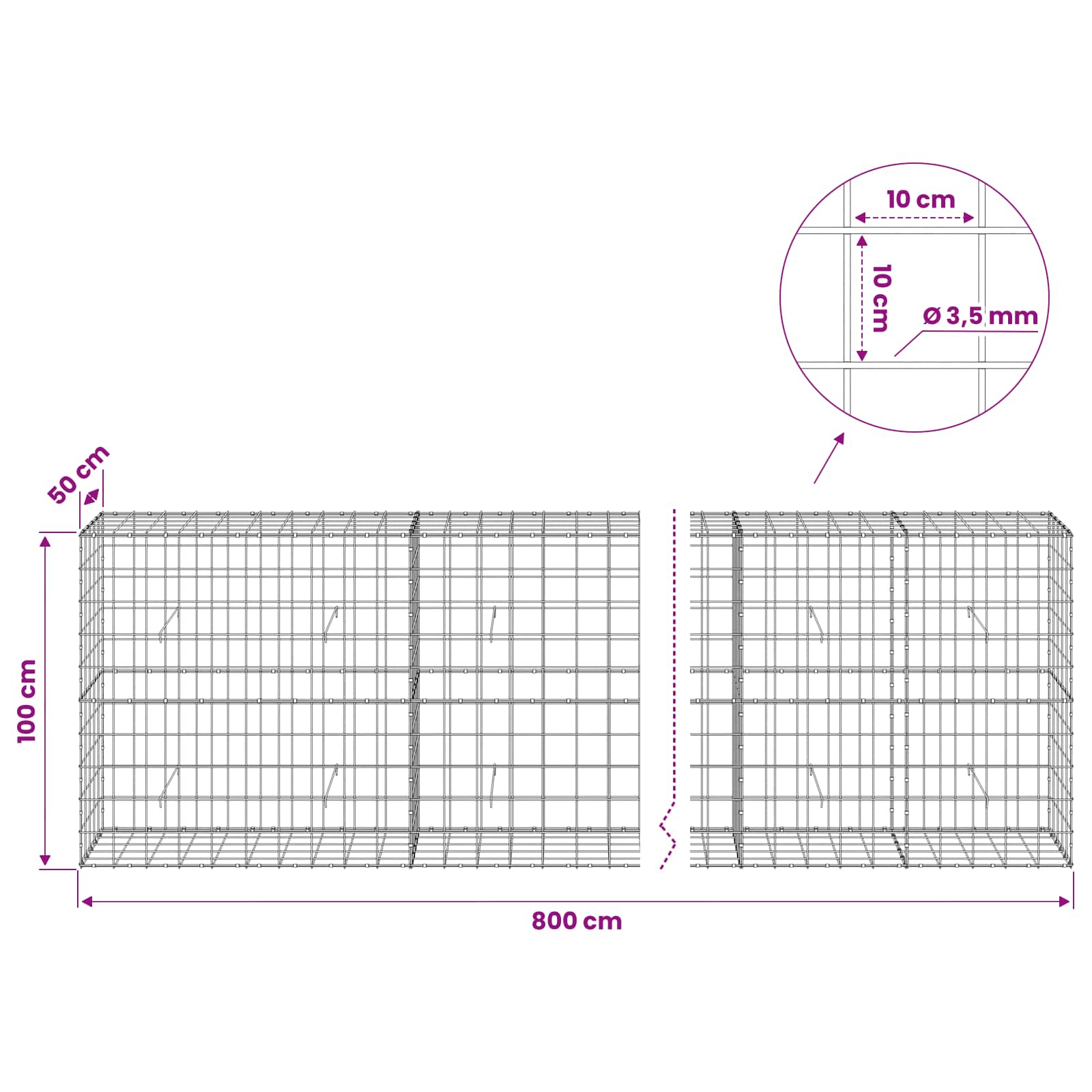 Gabion z žico 3,5 mm in mrežo 10x10 cm 800x50x100 cm