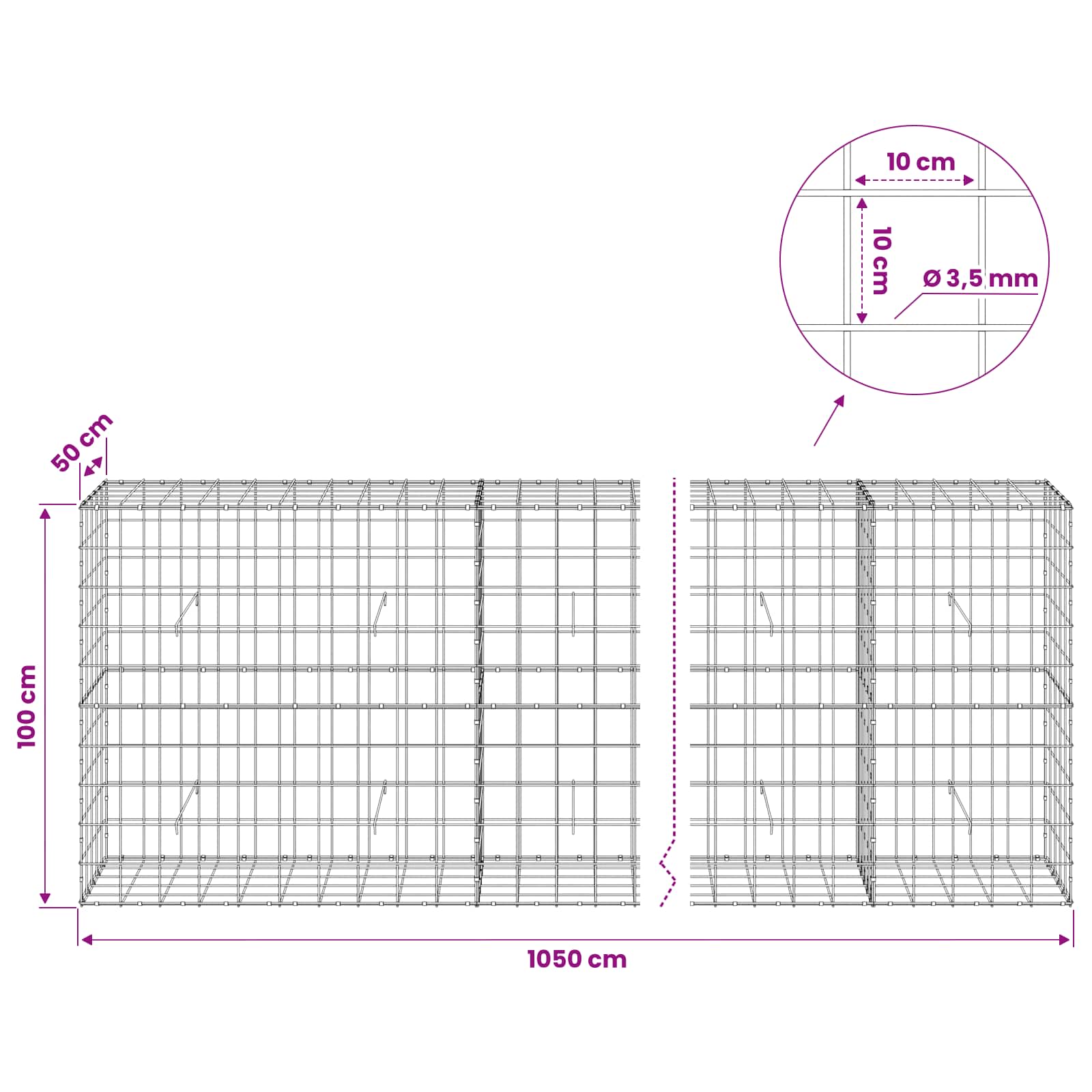 Gabion z žico 3,5 mm in mrežo 10x10 cm 1050x50x100 cm