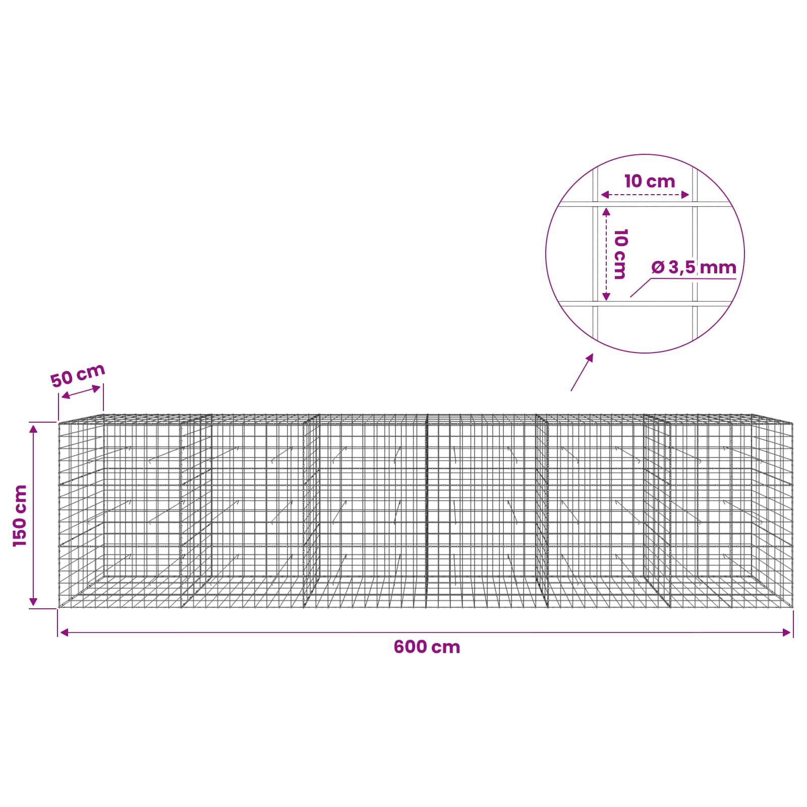 Gabion z žico 3,5 mm in mrežo 10x10 cm 600x50x150 cm