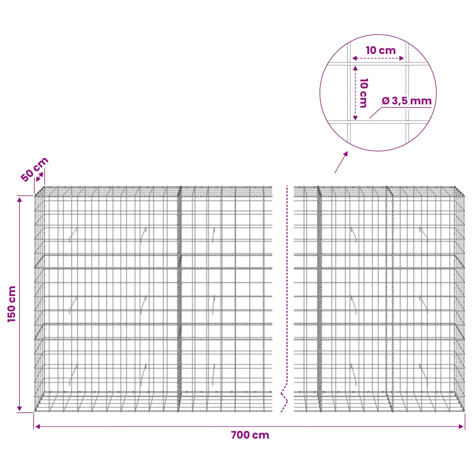 Gabion z žico 3,5 mm in mrežo 10x10 cm 700x50x150 cm