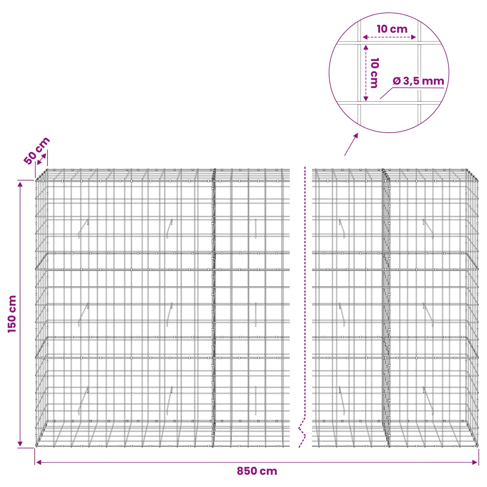 Gabion z žico 3,5 mm in mrežo 10x10 cm 850x50x150 cm