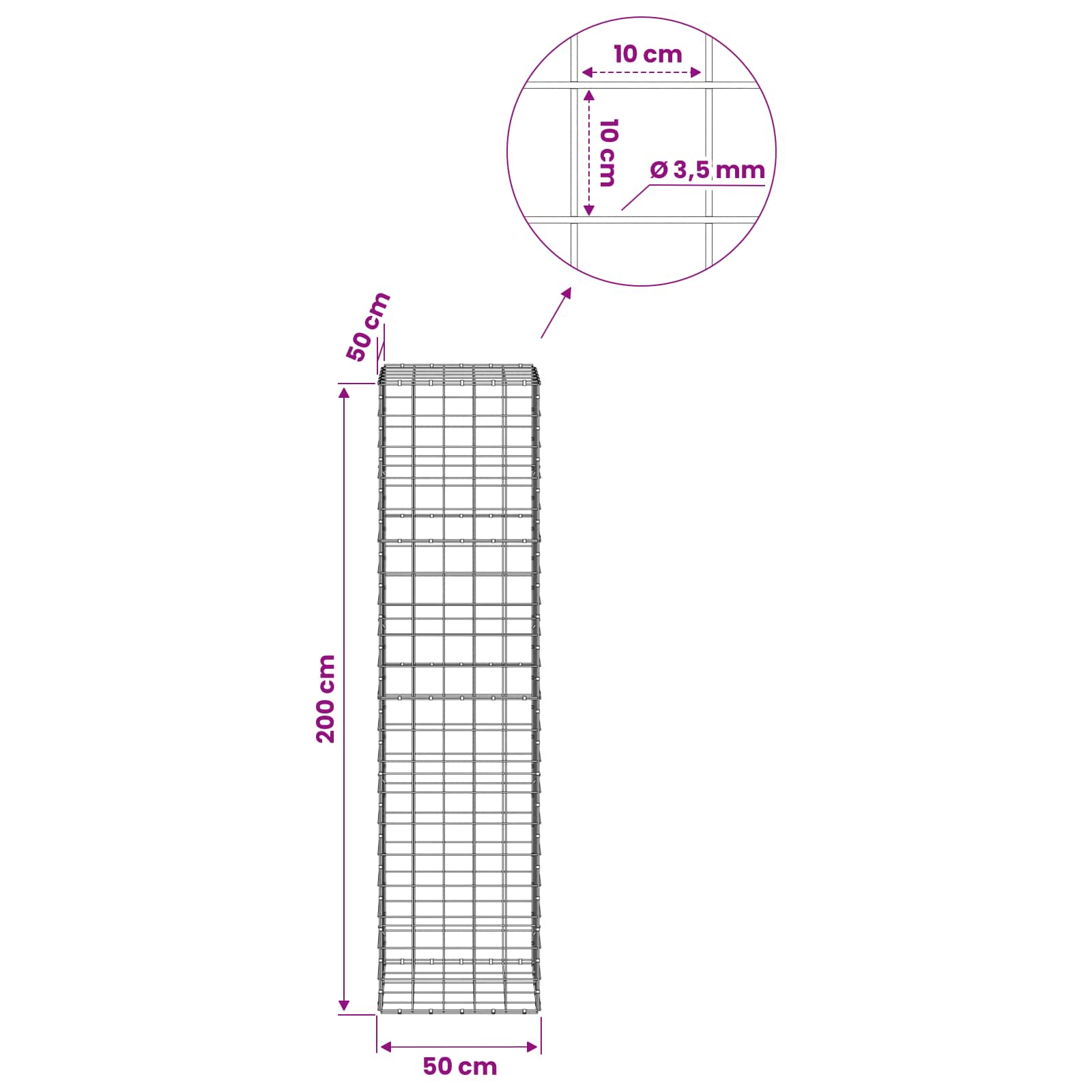 Gabion z žico 3,5 mm in mrežo 10x10 cm 50x50x200 cm
