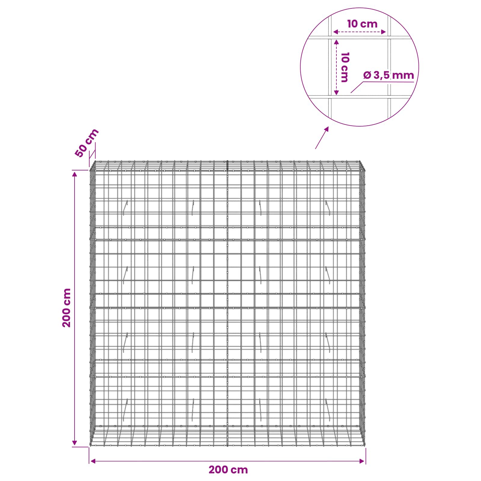 Gabion z žico 3,5 mm in mrežo 10x10 cm 200x50x200 cm