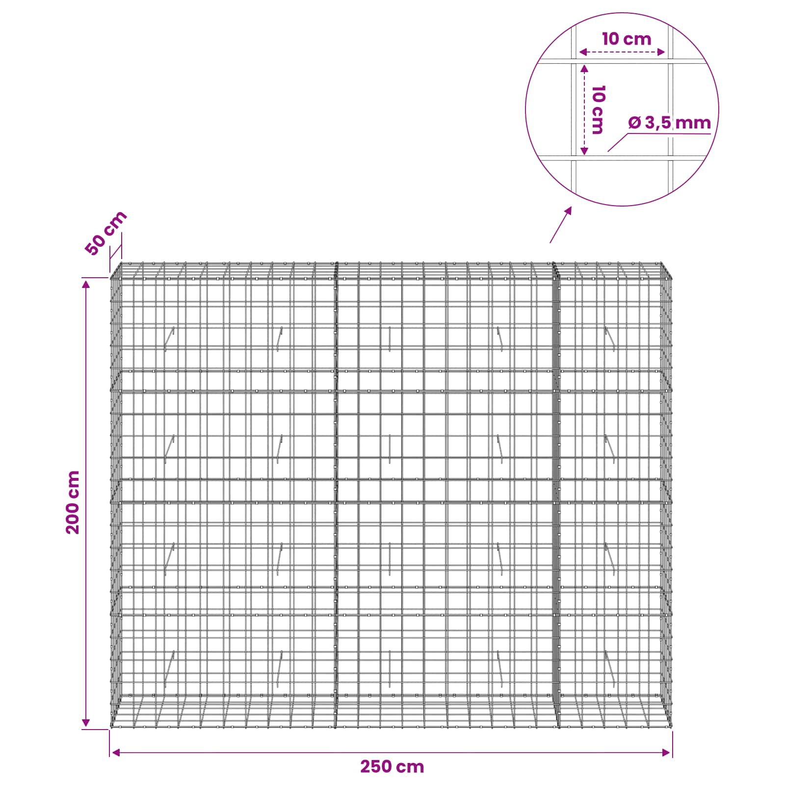 Gabion z žico 3,5 mm in mrežo 10x10 cm 250x50x200 cm