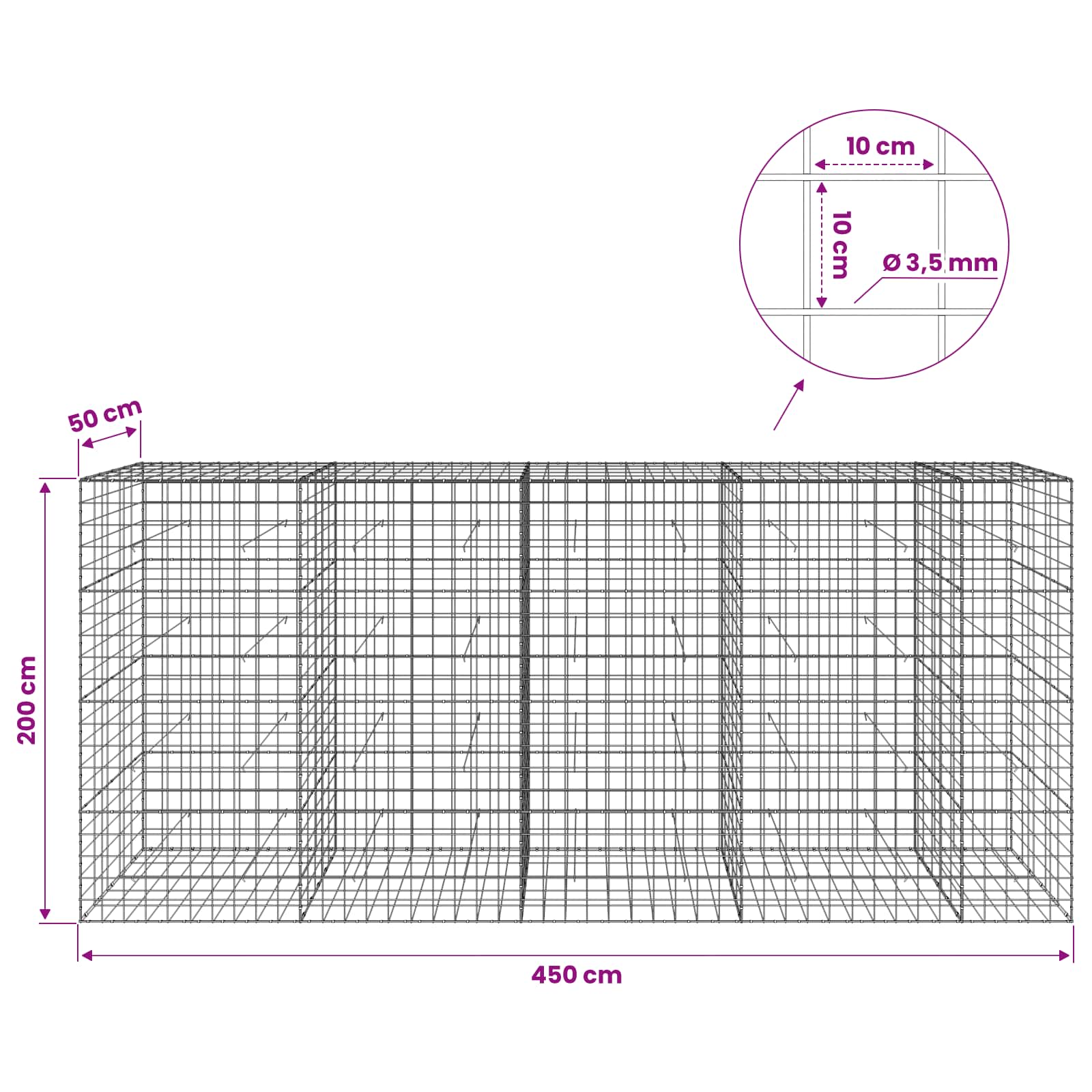 Gabion z žico 3,5 mm in mrežo 10x10 cm 450x50x200 cm