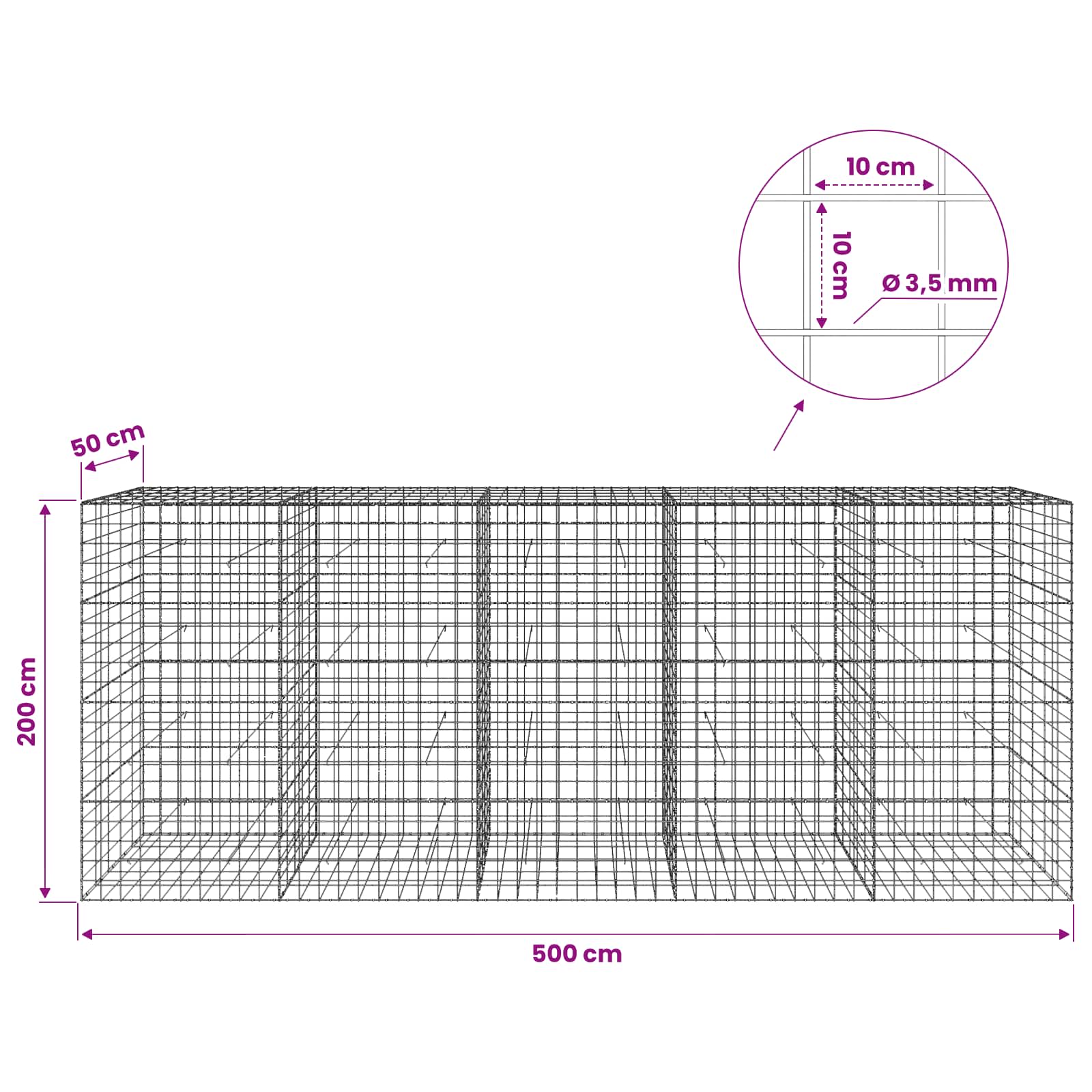 Gabion z žico 3,5 mm in mrežo 10x10 cm 500x50x200 cm