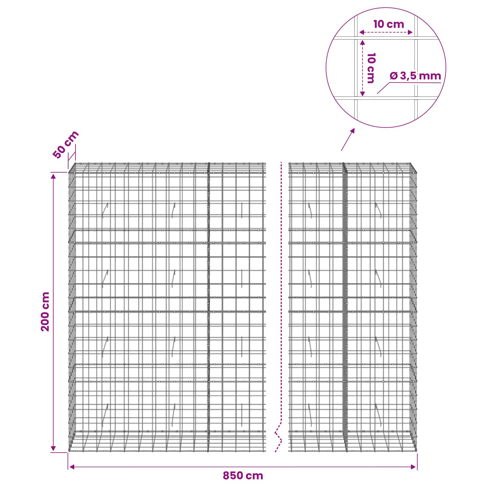 Gabion z žico 3,5 mm in mrežo 10x10 cm 850x50x200 cm