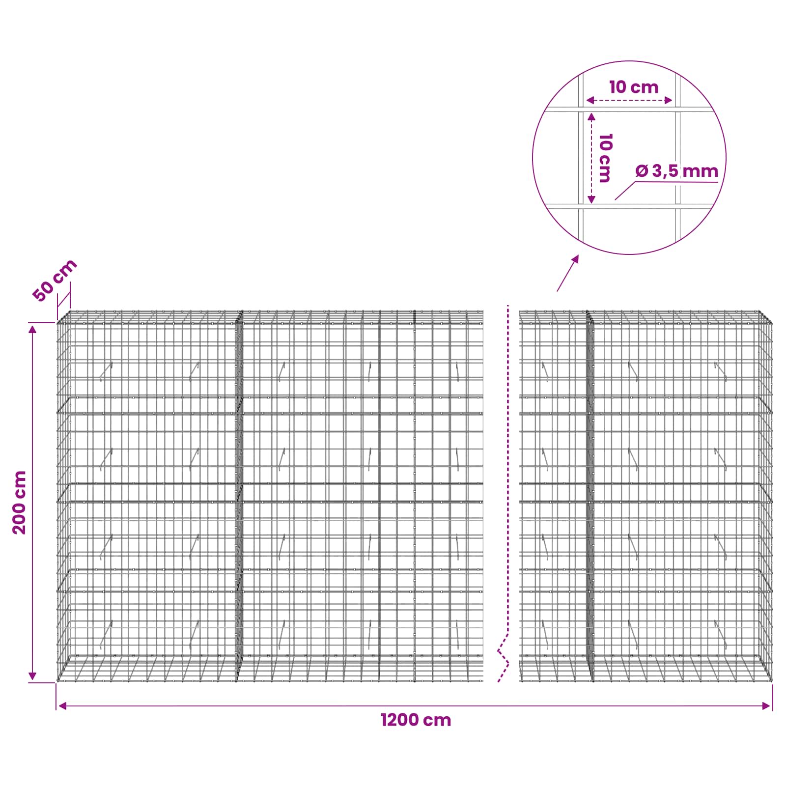Gabion z žico 3,5 mm in mrežo 10x10 cm 1200x50x200 cm