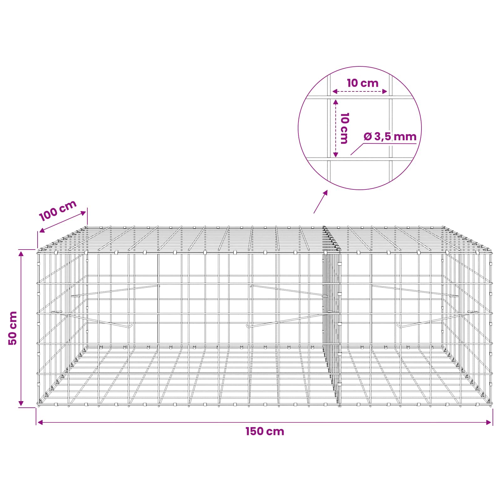 Gabion z žico 3,5 mm in mrežo 10x10 cm 150x100x50 cm