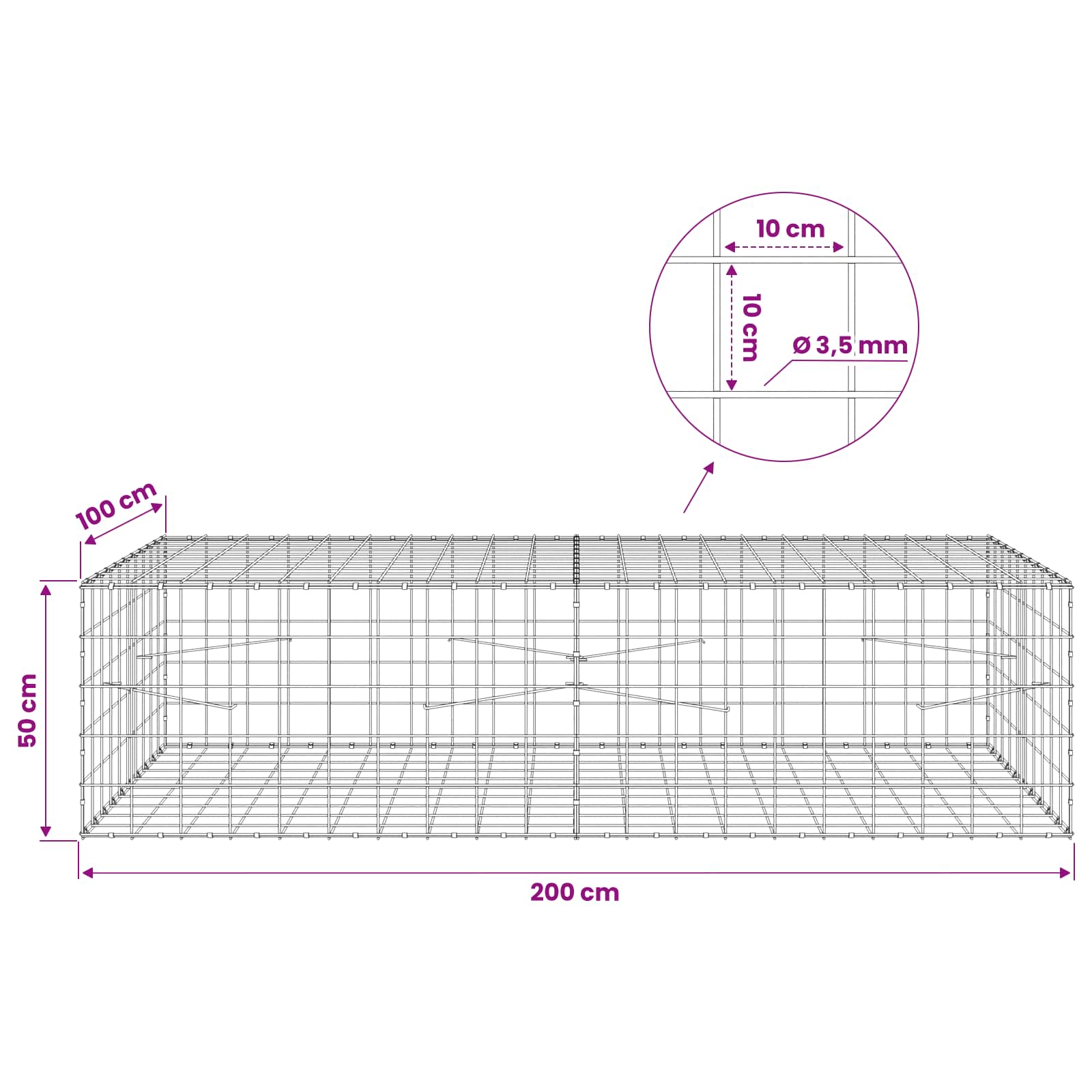 vidaXL Gabione mit 3,5 mm Draht und 10x10 cm Maschen 200x100x50 cm – Bild 6