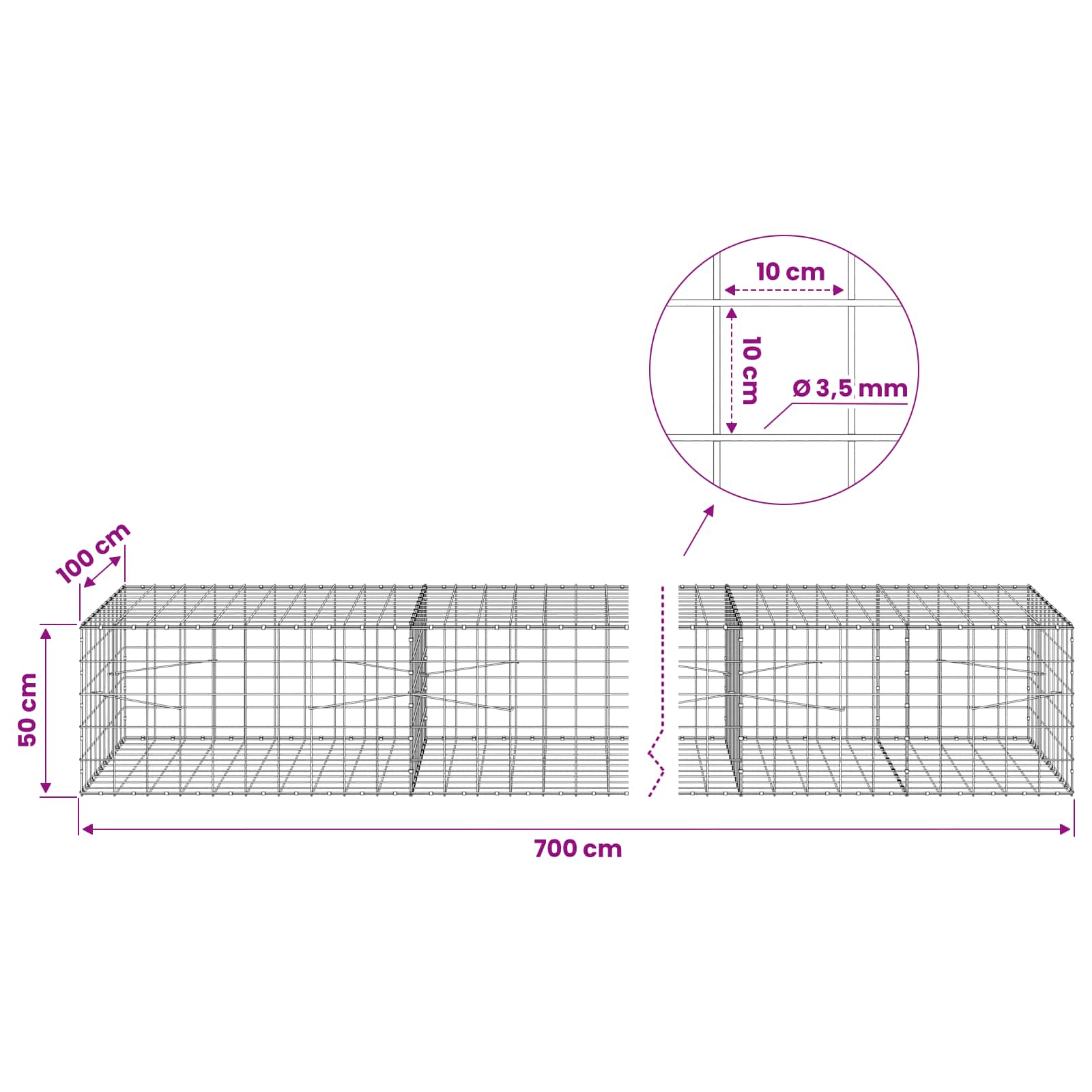 Gabion z žico 3,5 mm in mrežo 10x10 cm 700x100x50 cm