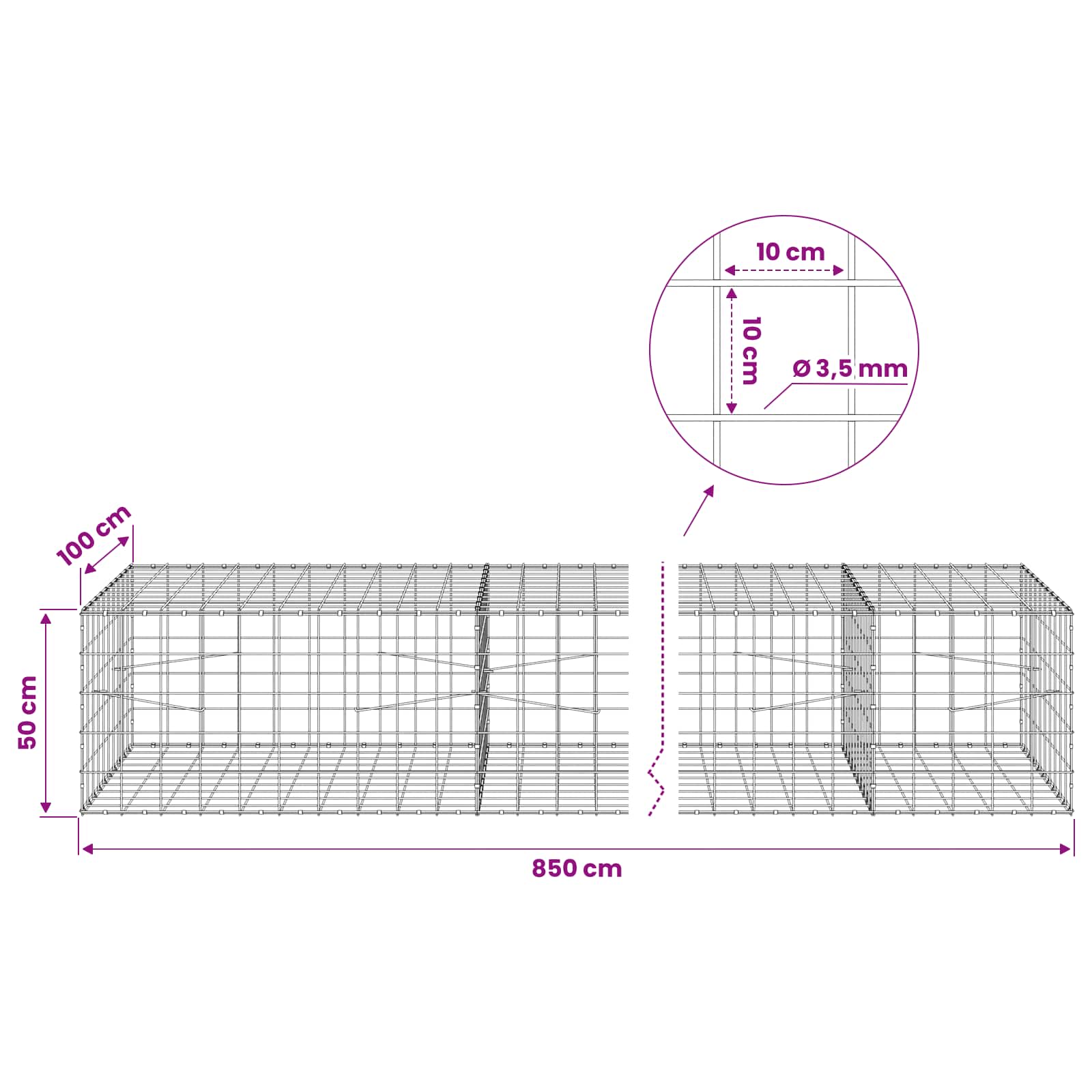 Gabion z žico 3,5 mm in mrežo 10x10 cm 850x100x50 cm