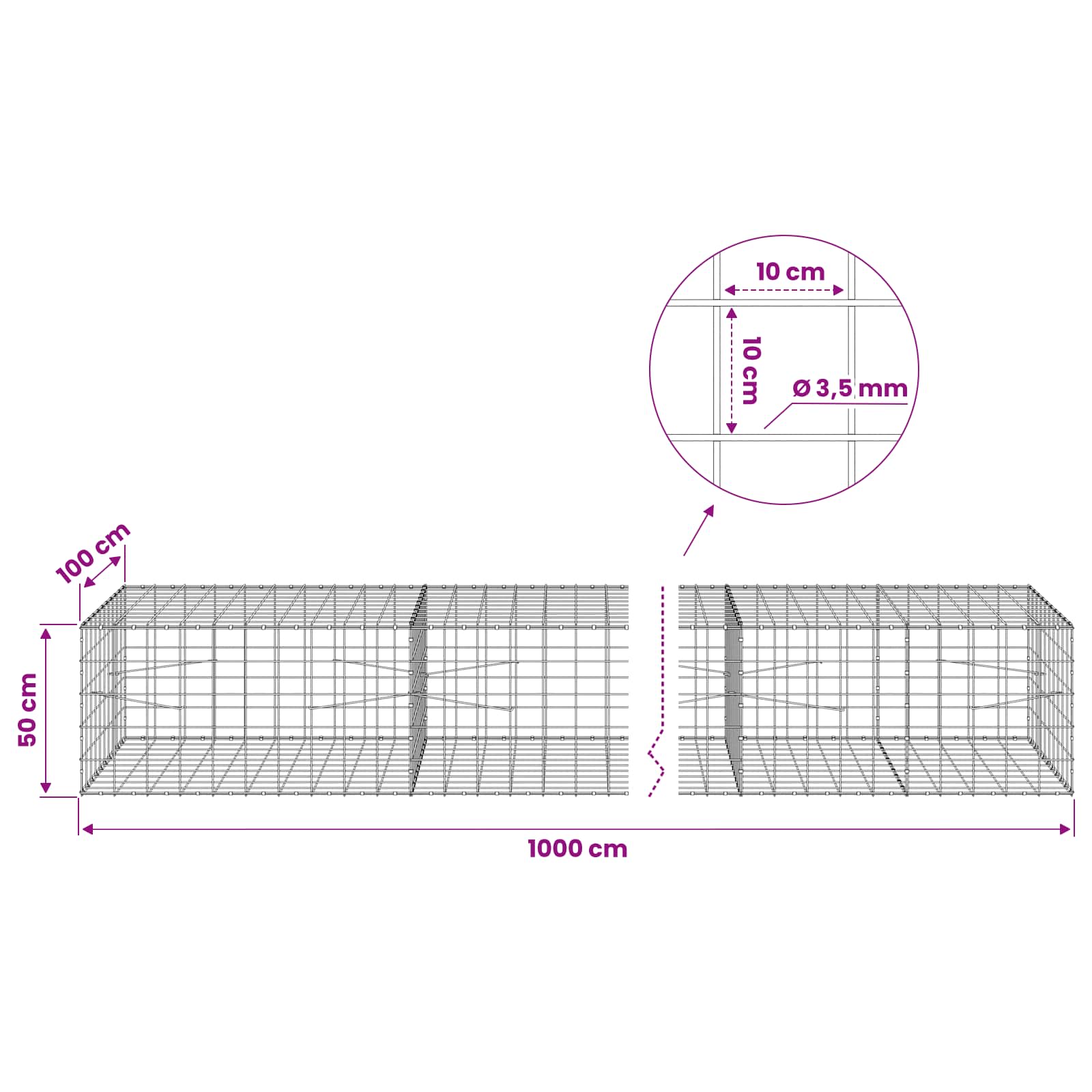 Gabion z žico 3,5 mm in mrežo 10x10 cm 1000x100x50 cm