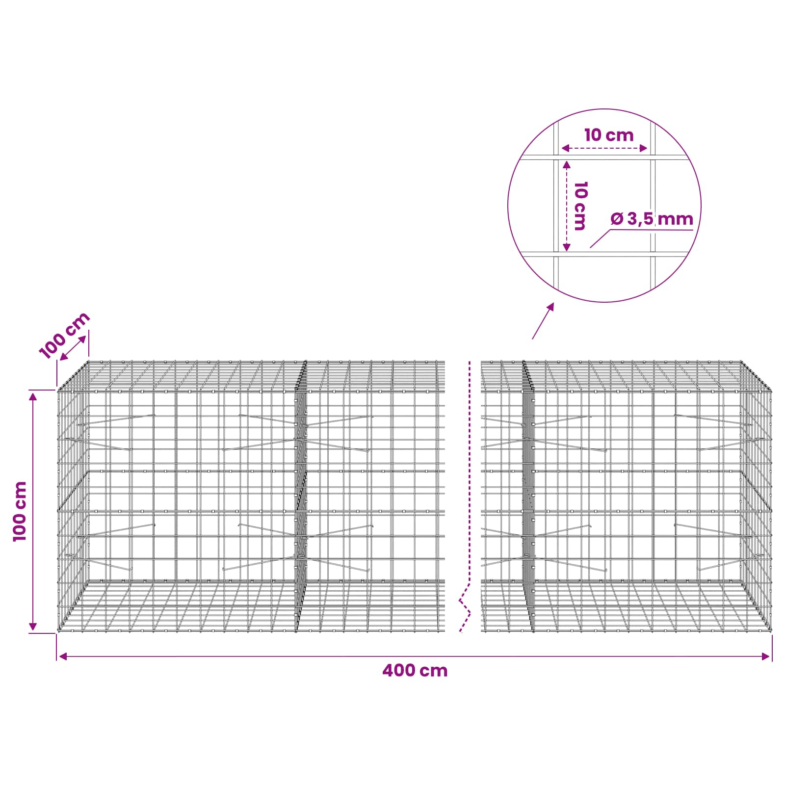 Gabion z žico 3,5 mm in mrežo 10x10 cm 400x100x100 cm