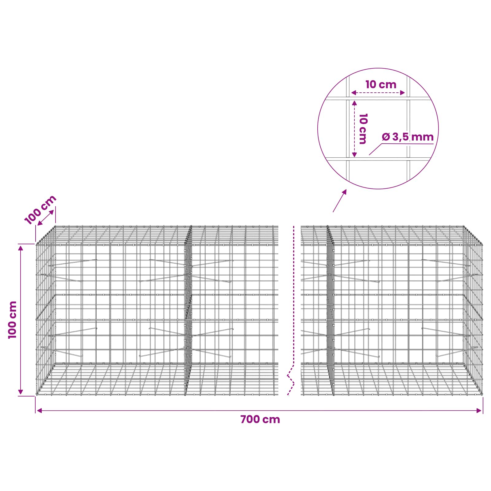 Gabion z žico 3,5 mm in mrežo 10x10 cm 700x100x100 cm