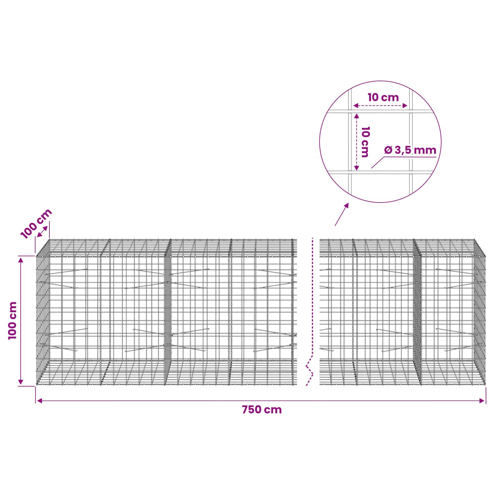 Gabion z žico 3,5 mm in mrežo 10x10 cm 750x100x100 cm