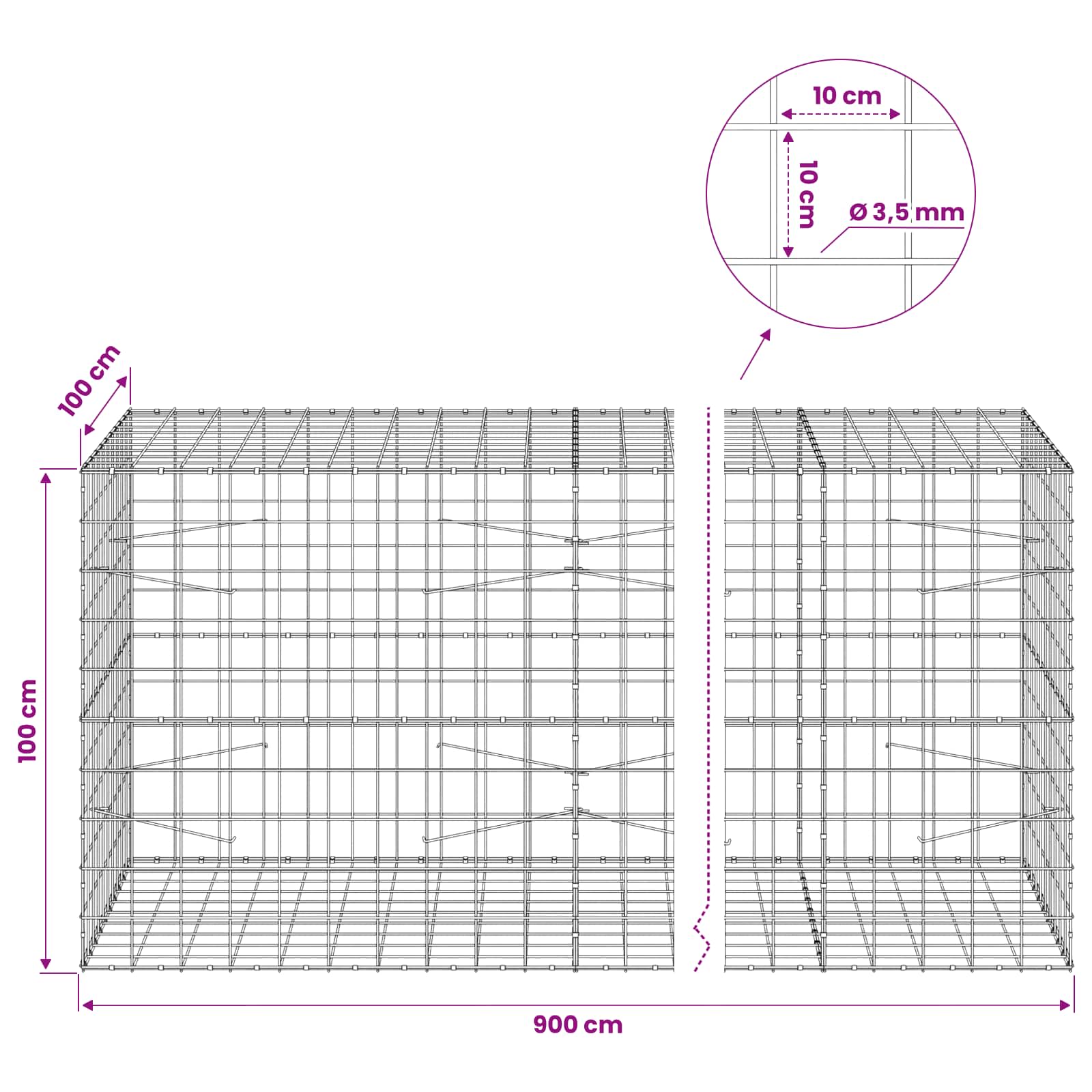 Gabion z žico 3,5 mm in mrežo 10x10 cm 900x100x100 cm