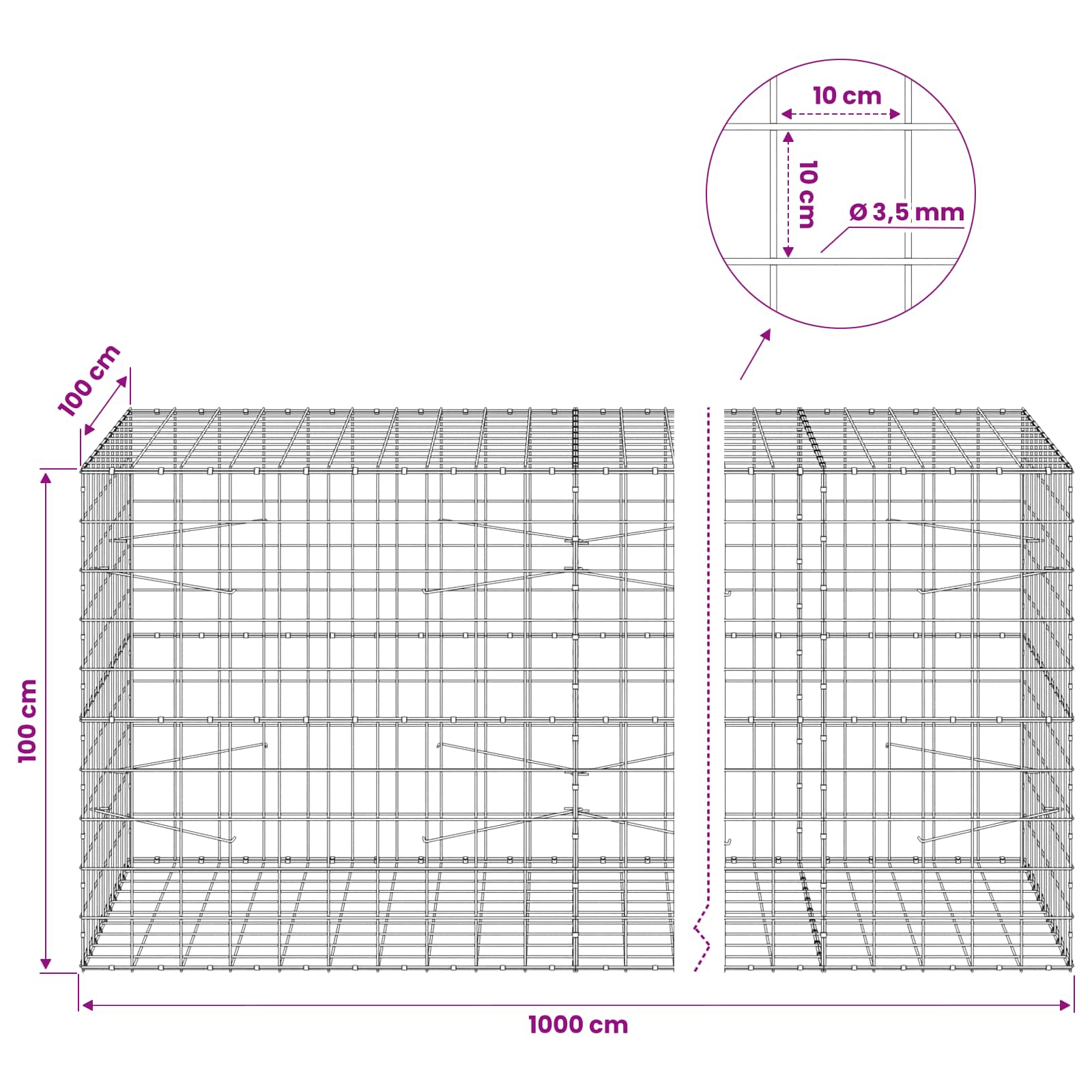 Gabion z žico 3,5 mm in mrežo 10x10 cm 1000x100x100 cm
