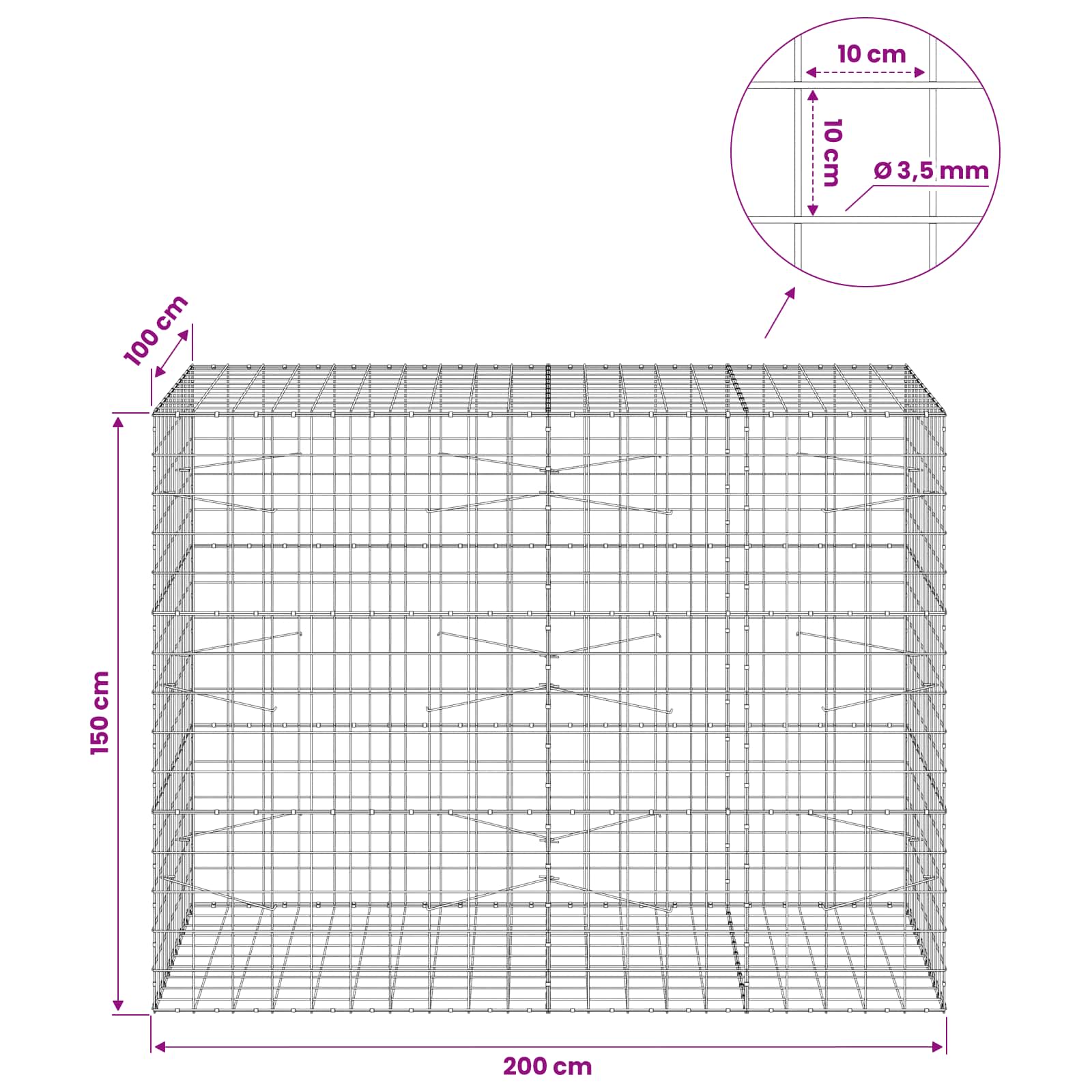 Gabion z žico 3,5 mm in mrežo 10x10 cm 200x100x150 cm
