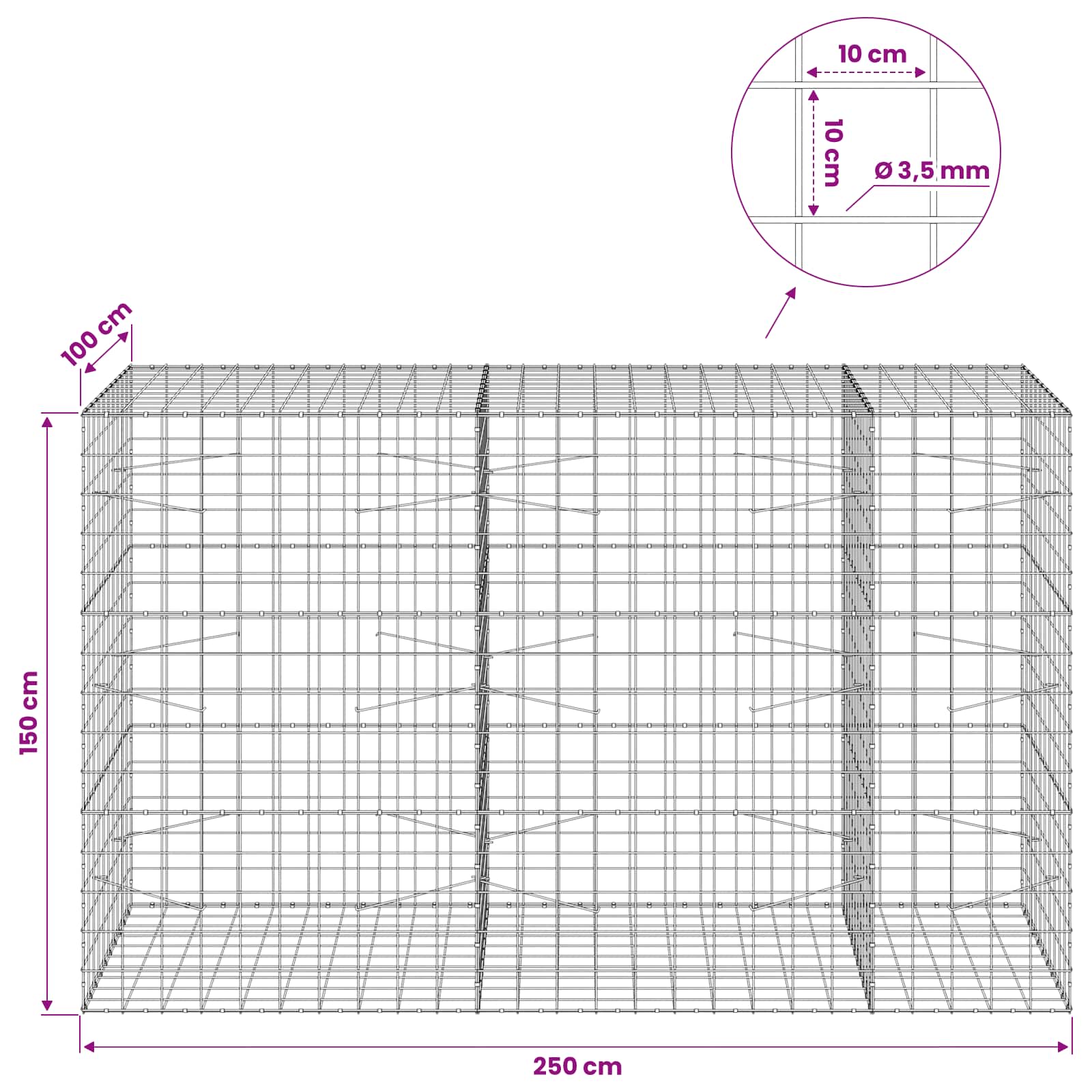 Gabion z žico 3,5 mm in mrežo 10x10 cm 250x100x150 cm