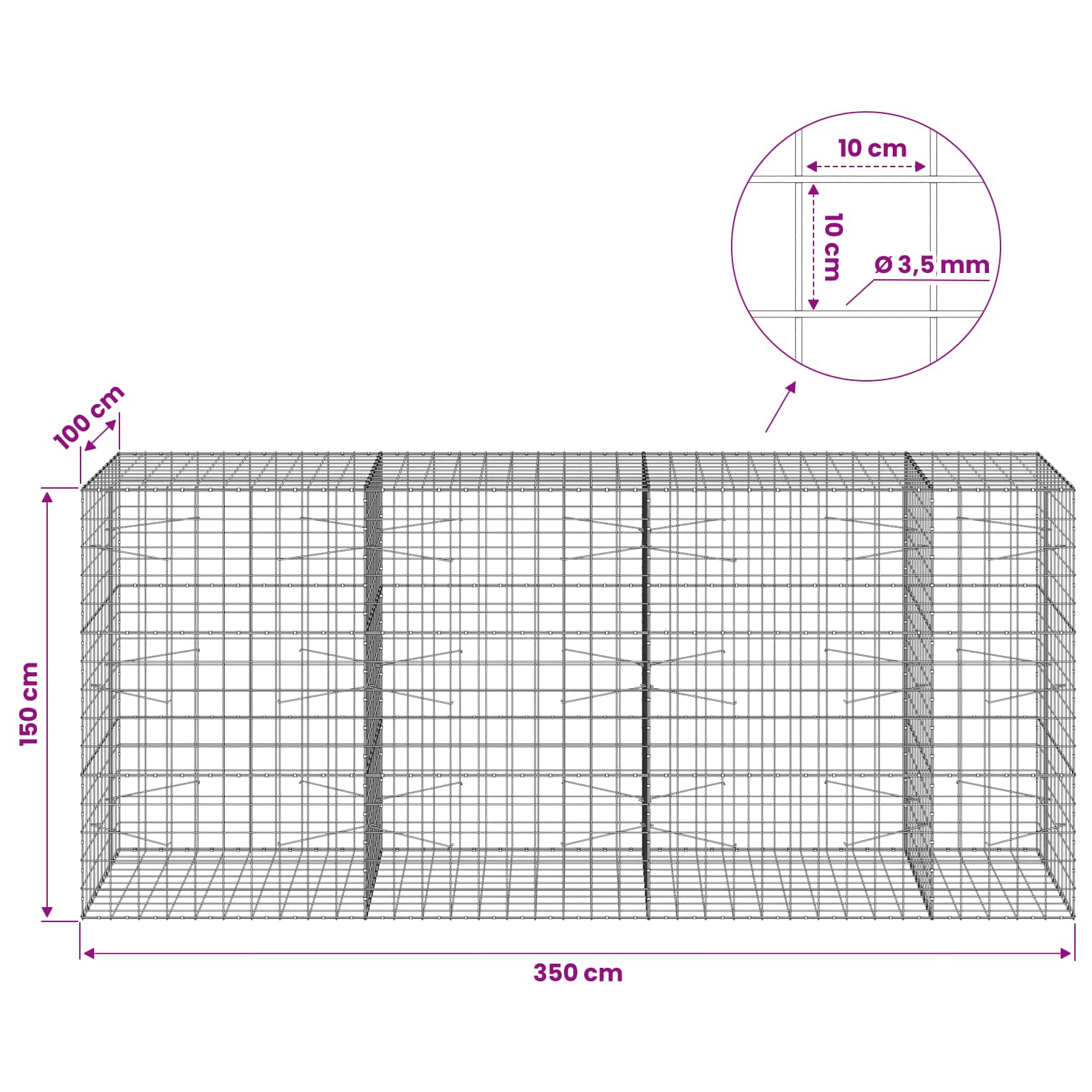 Gabion z žico 3,5 mm in mrežo 10x10 cm 350x100x150 cm